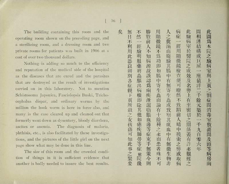 了he building containing this room and the operating- room shown on the prea'dinj^ page, and a sterilizing- room, and a dressing; room and two private rooms for patients was built in 1906 at a cost of over two thousand dollars. Nothings is adding so inucli to the efficiency and reputation of the medical side of the hospital as the diseases that are cured and the parasites that are destroyed as the result of investigations carried on in this laboratory. Xot to mention Scliistosonui Japoiiica, Fasciolopsis Buski, 了ncho- ceplialiis dispar, and ordhuiry worms by the： million the hook、voi-m is here in force also, and many is the case cleared up and cleaned out that formerly went down as dx^sentery, bloody diarrhoea, ascites or anemia. The dia判osis of malaria, phthisis, etc., is also facilitated by these iiivesti〇*a- tions, and the pictures of the little girl on the next pag*e show what may L>e done ill this Hue. The size of this room and the crowded condi- tion of things ill it is sufficient evidence that another is badly needed to insure the best results. 此圖爲本院之驗病室與上頁之割症問消毒単敷裹閒及頭等病房酌 問相連結憐成巧搔一座値洋二千餘元築於一千九肾零六年 此驗病举於醫院之成效及名嚳t有至密切之關係蓋有許多艱難之 病症一經用顯微鏡檢查便可瞭然不致蹈前人暗中摸索之弊或取病 人之糞溺而窺験非賜中有無臂化蔬或放然其據血中有無微生物非 化顯微鏡不爲巧即如臘中寄化蔬而論巧十餘禪之多而患者殊不可 勝數前人不知摘源故誤識爲疯疾泄瀉殺脹化燕等癒束手無策今則 不然一經驗明服藥將蟲驅出柄根即餘巧他如擔疾肺勞等症敝院幾 無H不利用此器'3^辨別各症觀r頁所敍之女巧藉可知此事之緊耍
