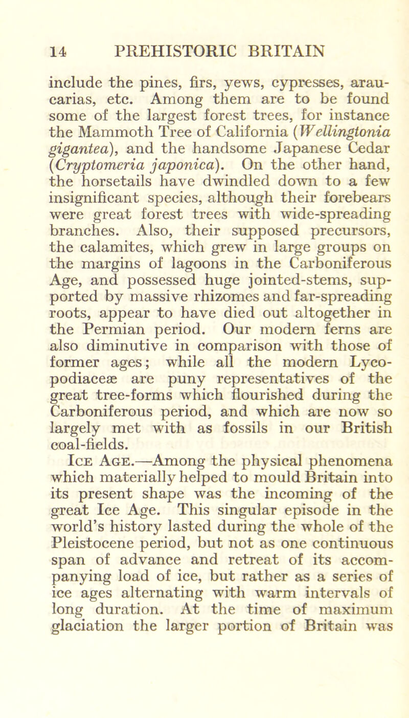 include the pines, firs, yews, cypresses, arau- carias, etc. Among them are to be found some of the largest forest trees, for instance the Mammoth Tree of California (Wellingtonia gigantea), and the handsome Japanese Cedar (Cryptomeria japonica). On the other hand, the horsetails have dwindled down to a few insignificant species, although their forebears were great forest trees with wide-spreading branches. Also, their supposed precursors, the calamites, which grew in large groups on the margins of lagoons in the Carboniferous Age, and possessed huge jointed-stems, sup- ported by massive rhizomes and far-spreading roots, appear to have died out altogether in the Permian period. Our modern ferns are also diminutive in comparison wdth those of former ages; while all the modern Lyco- podiacese are puny representatives of the great tree-forms which flourished during the Carboniferous period, and which are now so largely met with as fossils in our British coal-fields. Ice Age.—Among the physical phenomena which materially helped to mould Britain into its present shape was the incoming of the great Ice Age. This singular episode in the world’s history lasted during the whole of the Pleistocene period, but not as one continuous span of advance and retreat of its accom- panying load of ice, but rather as a series of ice ages alternating with warm intervals of long duration. At the time of maximum glaciation the larger portion of Britain was