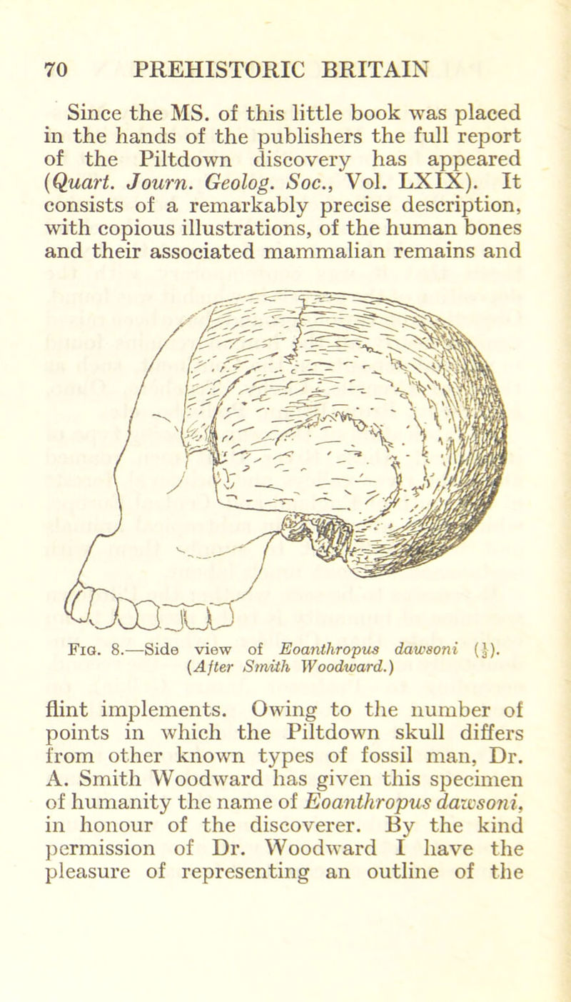 Since the MS. of this little book was placed in the hands of the publishers the full report of the Piltdown discovery has appeared {Quart. Journ. Geolog. Soc., Vol. LXIX). It consists of a remarkably precise description, with copious illustrations, of the human bones and their associated mammalian remains and Fig. 8.—Side view of Eoantliropus dawsoni (}). (After Smith Woodward.) flint implements. Owing to the number of points in which the Piltdown skull differs from other known types of fossil man, Dr. A. Smith Woodward has given this specimen of humanity the name of Eoanthropus dazvsoni, in honour of the discoverer. By the kind permission of Dr. Woodward I have the pleasure of representing an outline of the