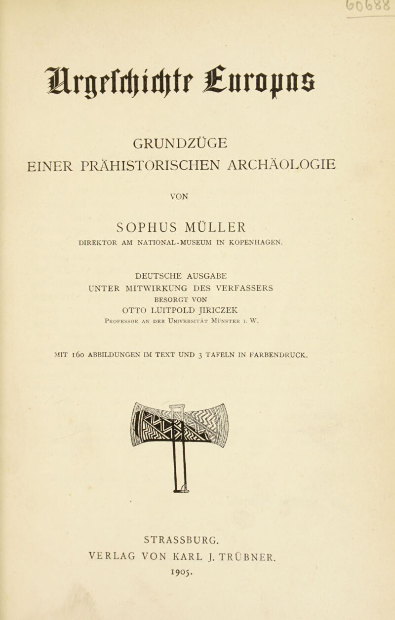 Ergrfdjidjfr £urojins GRUNDZUGE EINER PRÅHISTORISCHEN ARCHAOLOGIE VON SOPHUS MULLER DIREKTOR AM NATIONAL - MUSEUM IN KOPENHAGEN. DEUTSCHE AUSGABE UNTER MITWIRKUNG DES VERFASSERS BESORGT VON OTTO LUITPOLD JIRICZEK Professor an der Universitåt Munster i. W. MIT 160 ABBILDUNGEN IM TEXT UND 3 TAFELN IN FARBENDRUCK. STRASSBURG. VERLAG VON KARL J. TRUBNER. 1905.