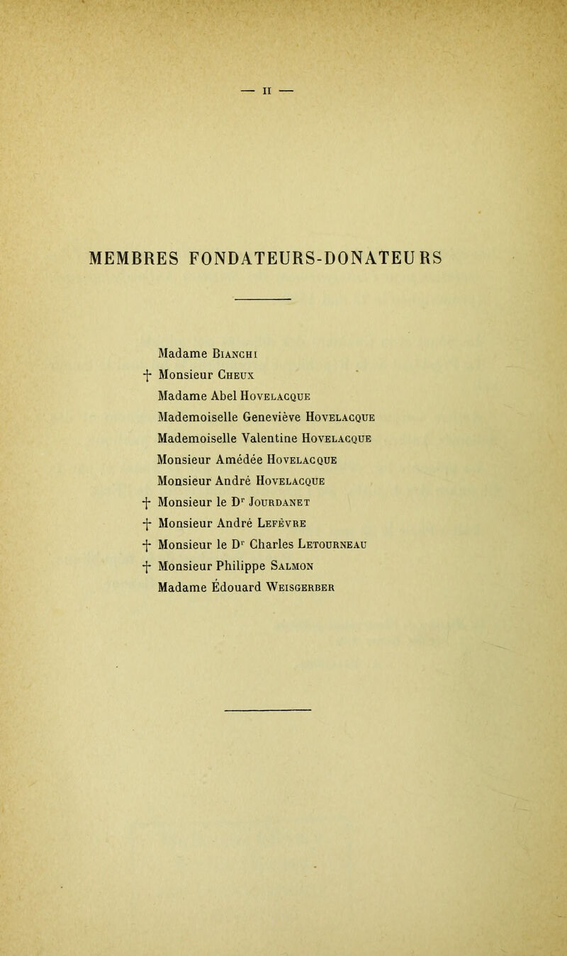 MEMBRES FONDATEURS-DONATEURS t t t t t Madame Bianchi Monsieur Cheux Madame Abel Hovelacque Mademoiselle Geneviève Hovelacque Mademoiselle Valentine Hovelacque Monsieur Amédée Hovelacque Monsieur André Hovelacque Monsieur le Dr Jourdanet Monsieur André Lefèvre Monsieur le D1' Charles Letourneau Monsieur Philippe Salmon Madame Édouard Weisgerber