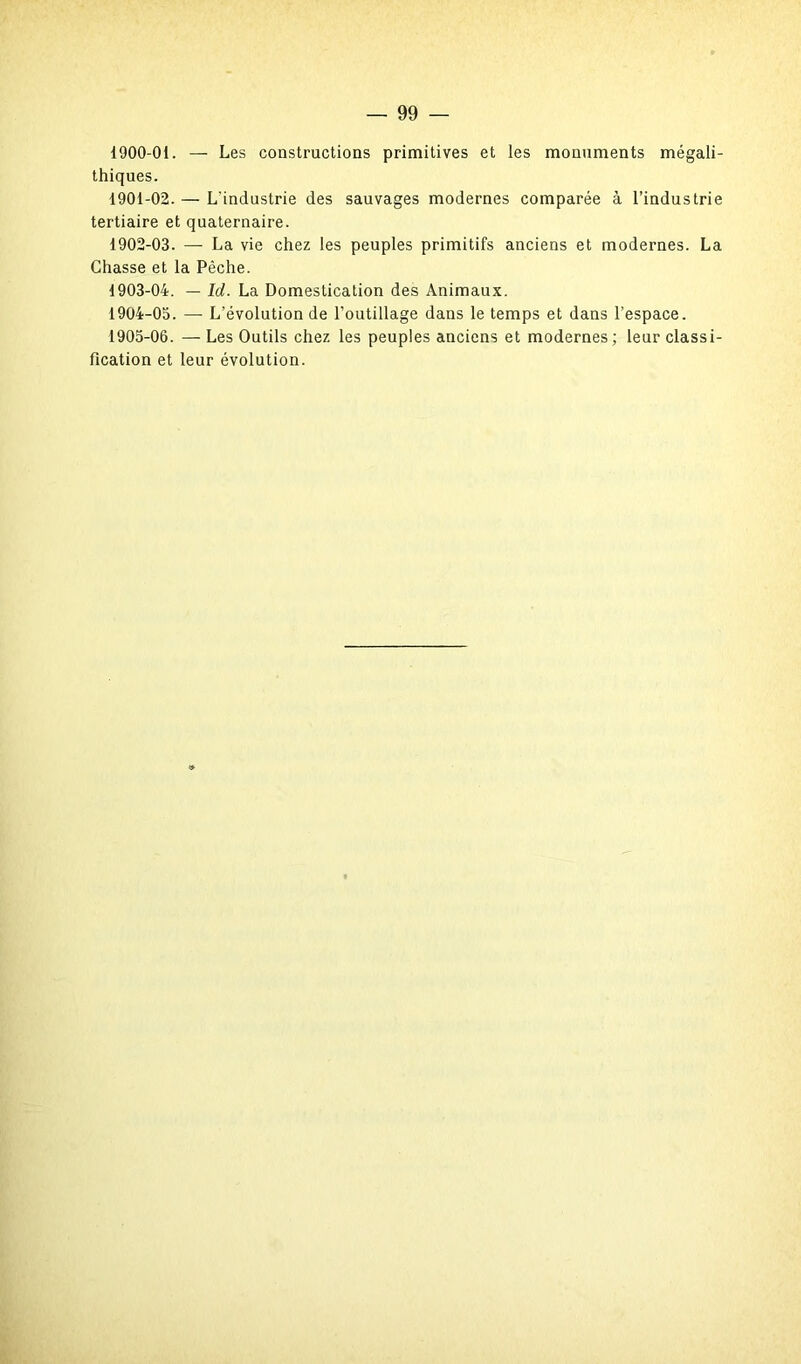 1900- 01. — Les constructions primitives et les monuments mégali- thiques. 1901- 02. — L'industrie des sauvages modernes comparée à l’industrie tertiaire et quaternaire. 1902- 03. — La vie chez les peuples primitifs anciens et modernes. La Chasse et la Pêche. 1903- 04. — Ici. La Domestication des Animaux. 1904- 05. — L’évolution de l’outillage dans le temps et dans l’espace. 1905- 06. — Les Outils chez les peuples anciens et modernes ; leur classi- fication et leur évolution.