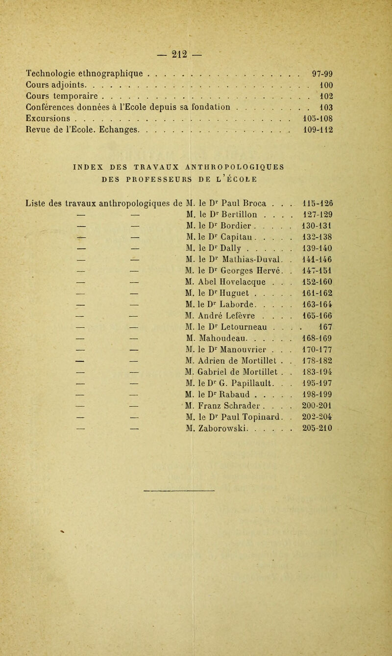 Technologie ethnographique 97-99 Cours adjoints 100 Cours temporaire 102 Conférences données à l’Ecole depuis sa fondation 103 Excursions 105-108 Revue de l’Ecole. Echanges 109-112 INDEX DES TRAVAUX ANTHROPOLOGIQUES DES PROFESSEURS DE L’ÉCOLE Liste des travaux anthropologiques de M. le Dr Paul Broca . . . 115-126 — — M. le Dr Bertillon .... 127-129 — — M. le Dr Bordier 130-131 — — M. le Dr Capitau 132-138 — — M. le D1'Daily 139-140 — — M. le Dr Malhias-Duval. . 141-146 — — M. le Dr Georges Hervé. . 147-151 — — M. Abel Hovelacque . . . 152-160 — — M. le D1'Iluguet 161-162 — — M. le Dr Laborde 163-164 — — M. André Lefèvre .... 165-166 — — M. le Dr Letourneau .... 167 — — M. Mahoudeau 168-169 — — M. le Dr Manouvrier . . . 170-177 — — M. Adrien de Mortillet . . 178-182 — — M. Gabriel de Mortillet . . 183-194 — — M. le Dr G. Papillault. . . 195-197 — — M. le Dr Rabaud 198-199 — — M. Franz Schrader .... 200-201 — — M. le D1'Paul Topinard. . 202-204 — — M. Zaborowski 205-210