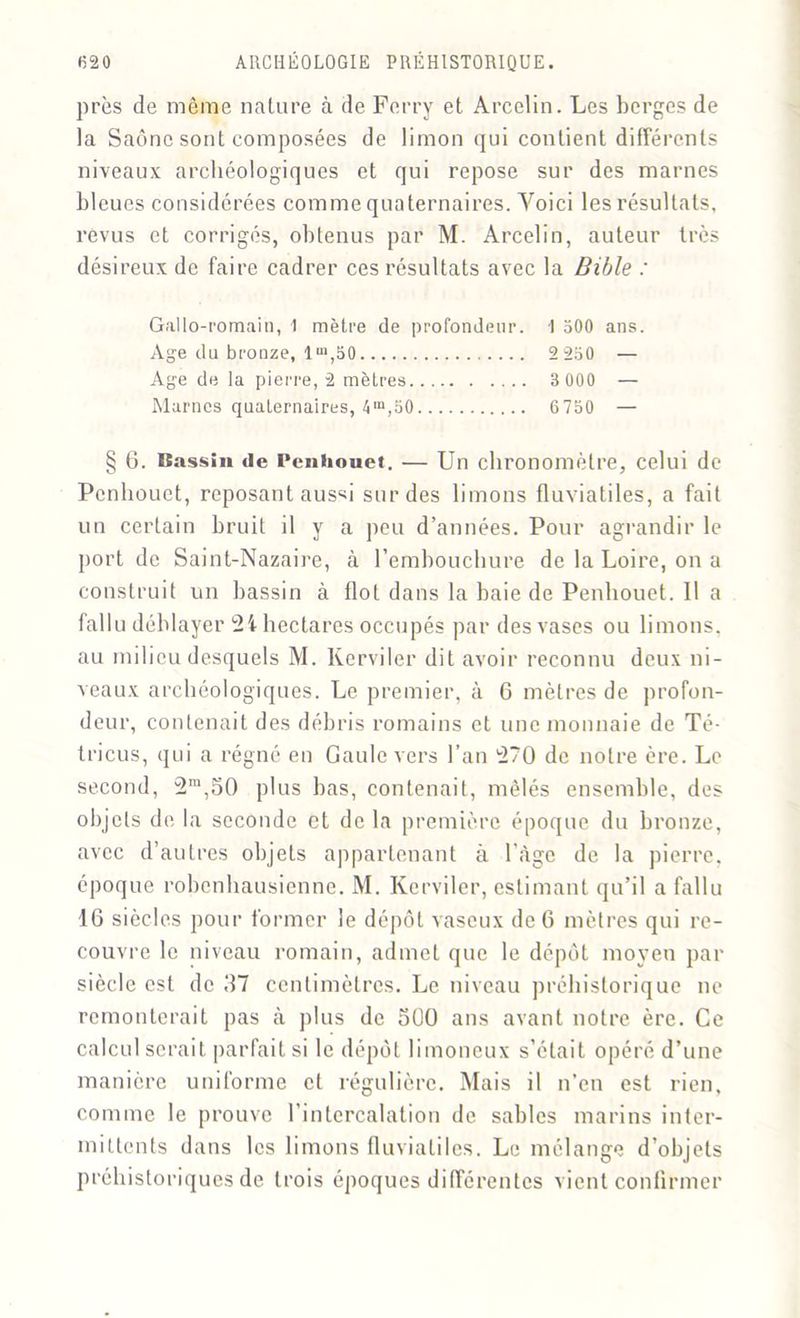 près de même nature à de Ferry et Arcelin. Les berges de la Saône sont composées de limon qui contient différents niveaux archéologiques et qui repose sur des marnes bleues considérées comme quaternaires. Yoici les résultats, revus et corrigés, obtenus par M. Arcelin, auteur très désireux de faire cadrer ces résultats avec la Bible : Gallo-romain, I mètre de profondeur. I 500 ans. Age du bronze, lm,50 2250 — Age de la pierre, 2 mètres 3 000 — Marnes quaternaires, 4m,50 6750 — § 6. Bassin de Penhouet. •— Un chronomètre, celui de Penhouet, reposant aussi sur des limons fluviatiles, a fait un certain bruit il y a peu d’années. Pour agrandir le port de Saint-Nazaire, à l'embouchure de la Loire, on a construit un bassin à flot dans la baie de Penhouet. 11 a fallu déblayer hectares occupés par des vases ou limons, au milieu desquels M. Kerviler dit avoir reconnu deux ni- veaux archéologiques. Le premier, à 6 mètres de profon- deur, contenait des débris romains et une monnaie de Té- tricus, qui a régné en Gaule vers l’an ^70 de notre ère. Le second, 2m,50 plus bas, contenait, mêlés ensemble, des objets de la seconde et de la première époque du bronze, avec d’autres objets appartenant à l’àge de la pierre, époque robenhausienne. M. Kerviler, estimant qu’il a fallu 16 siècles pour former le dépôt vaseux de 6 mètres qui re- couvre le niveau romain, admeL que le dépôt moyen par siècle est de .‘17 centimètres. Le niveau préhistorique ne remonterait pas à plus de 500 ans avant notre ère. Ce calcul serait parfait si le dépôt limoneux s’était opéré d’une manière uniforme et régulière. Mais il n’en est rien, comme le prouve l’intercalation de sables marins inter- mittents dans les limons fluviatiles. Le mélange d’objets préhistoriques de trois époques différentes vient confirmer