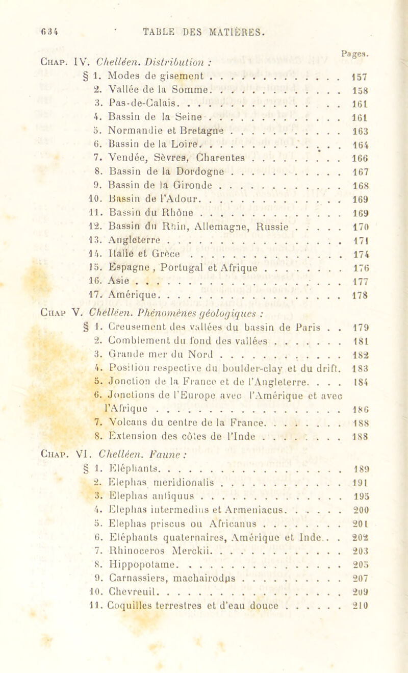 Page». Ciiap. IV. C/ielléen. Distribution : § 1. Modes de gisement 157 2. Vallée de la Somme. . 158 3. Pas-de-Calais 161 4. Bassin de la Seine 16L o. Normandie et Bretagne 163 6. Bassin delà Loire. 164 7. Vendée, Sèvres, Charentes 166 8. Bassin de la Dordogne 167 9. Bassin de la Gironde 168 10. Bassin de l’Adour 169 11. Bassin du Rhône 169 12. Bassin du Rhin, Allemagne, Russie 170 13. Angleterre . 171 14. Italie et Grèce 174 15. Espagne, Portugal et Afrique 176 16. Asie 177 17. Amérique 178 Chap V. Chelléen. Phénomènes cjéolorjiques : § 1. Creusement des vallées du bassin de Paris . . 179 2. Comblement du fond des vallées 181 3. Grande mer du Nord 182 4. Position respective du boulder-clay et du drift. 183 5. Jonction de la France et de l’Angleterre. . . . 184 6. Jonctions de l’Europe avec l’Amérique et avec l’Afrique 186 7. Volcans du centre de la France 188 8. Extension des côtes de l’Inde 188 Ciiap. VI. Chelléen. Faune: § 1. Eléphants 189 2. Elephas meridionalis 191 3. Elephas anliquus 195 4. Elephas intermedius et Armeniacus. ...... 200 3. Elephas prisons ou Africanus 201 6. Eléphants quaternaires, Amérique et Inde.. . 202 7. Rhinocéros Merckii 203 8. Ilippopolame 205 9. Carnassiers, machairodps 207 10. Chevreuil 209 11. Coquilles terrestres et d’eau douce 210