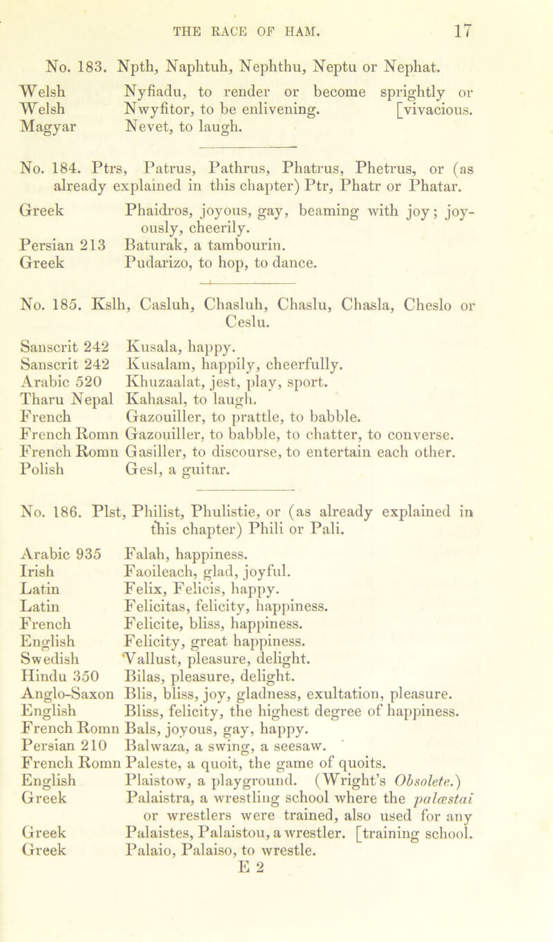 No. 183. Npth, Naphtuh, Nephthu, Neptu or Nephat. Welsh Nyfiadu, to render or become sprightly or Welsh Nwyfitor, to he enlivening. [vivacious. Magyar Nevet, to laugh. No. 184. Ptrs, Pati’us, Pathrus, Phatrus, Phetrus, or (as already explained in this chapter) Ptr, Phatr or Phatar. Greek Phaidros, joyous, gay, beaming with joy; joy- ously, cheerily. Persian 213 Baturak, a tambouriu. Greek Pudarizo, to hop, to dance. No. 185. Kslh, Casluh, Chasluh, Chaslu, Chasla, Cheslo or Ceslu. Sanscrit 242 Kusala, happy. Sanscrit 242 Kusalam, happily, cheerfully. Arabic 520 Khuzaalat, jest, play, sport. Tharu Nepal Kahasal, to laugh, French Gazouiller, to prattle, to babble. French Romn Gazouiller, to babble, to chatter, to converse. French Romn Gasiller, to discourse, to entertain each other. Polish Gesl, a guitar. No. 186. Plst, Philist, Phulistie, or (as already explained in this chapter) Phili or Pali. Falah, happiness. Faoileach, glad, joyful. Felix, Felicis, happy. Felicitas, felicity, happiness. Felicite, bliss, happiness. Felicity, great happiness. ‘Vallust, pleasure, delight. Bilas, pleasure, delight. Blis, bliss, joy, gladness, exultation, pleasure. Bliss, felicity, the highest degree of happiness. Bals, joyous, gay, happy. Balwaza, a swing, a seesaw. Paleste, a quoit, the game of quoits. Plaistow, a playground. (Wright’s Obsolete.) Palaistra, a wrestling school where the palcestai or wrestlers were trained, also used for any Palaistes, Palaistou, a wrestler, [training school. Palaio, Palaiso, to wrestle. Arabic 935 Irish Latin Latin F rench English O Swedish Hindu 350 Anglo-Saxon English French Romn Pei'sian 210 French Romn English Greek Greek Greek E 2