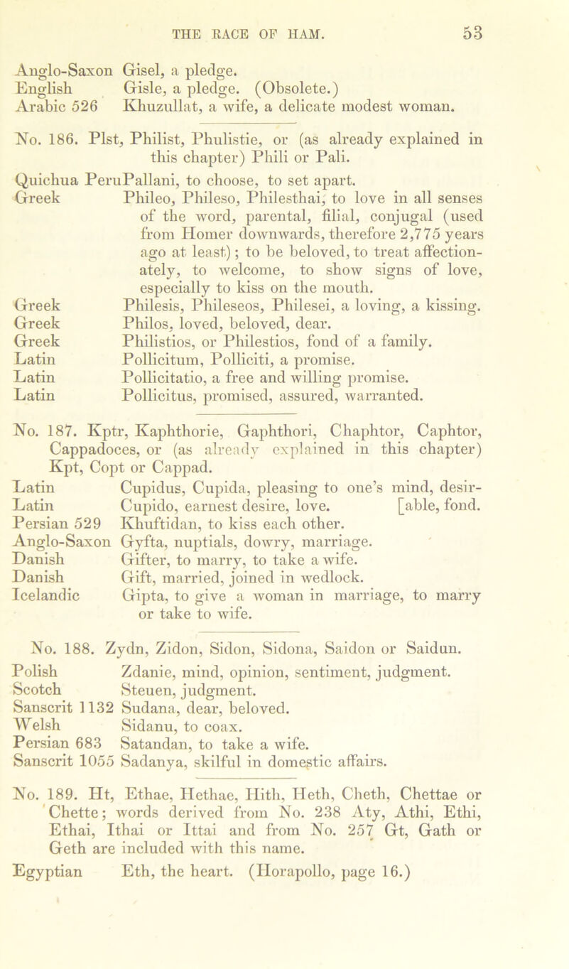 Auglo-Saxon Gisel, a pledge. English Gisle, a pledge. (Obsolete.) Arabic 526 Khuzullat, a wife, a delicate modest woman. No. 186. Plst, Philist, Pbulistie, or (as already explained in this chapter) Phili or Pali. Quichua PeruPallani, to choose, to set apart. Greek Phileo, Phileso, Philesthai, to love in all senses of the word, parental, filial, conjugal (used from Homer downwards, therefore 2,775 years ago at least); to be beloved, to treat affection- ately, to welcome, to show signs of love, especially to kiss on the mouth. Greek Philesis, Phileseos, Philesei, a loving, a kissing. Greek Philos, loved, beloved, dear. Greek Philistios, or Philestios, fond of a family. Latin Pollicitum, Polliciti, a pi'omise. Latin Pollicitatio, a free and willing promise. Latin Pollicitus, promised, assured, warranted. No. 187. Kptr, Kaphthorie, Gaphthori, Chaphtor, Caphtor, Cappadoces, or (as already explained in this chapter) Kpt, Copt or Cappad. Latin Cupidus, Cupida, pleasing to one’s mind, desir- Latin Cupido, earnest desire, love. [able, fond. Persian 529 Khuftidan, to kiss each other. Anglo-Saxon Gyfta, nuptials, dowry, marriage. Danish Gifter, to marry, to take a wife. Danish Gift, married, joined in wedlock. Icelandic Gipta, to give a woman in marriage, to marry or take to wife. No. 188. Zydn, Zidon, Sidon, Sidona, Saidon or Saidun. Polish Zdanie, mind, opinion, sentiment, judgment. Scotch Steuen, judgment. Sanscrit 1132 Sudana, dear, beloved. Welsh Sidanu, to coax. Persian 683 Satandan, to take a wife. Sanscrit 1055 Sadanya, skilful in domestic affairs. No. 189. Ht, Ethae, Ilethae, Hith, Heth, Cheth, Chettae or 'Chette; words derived from No. 238 Aty, Athi, Ethi, Ethai, Ithai or Ittai and from No. 257 Gt, Gath or Geth are included with this name. Egyptian Eth, the heart. (liorapollo, j)age 16.)