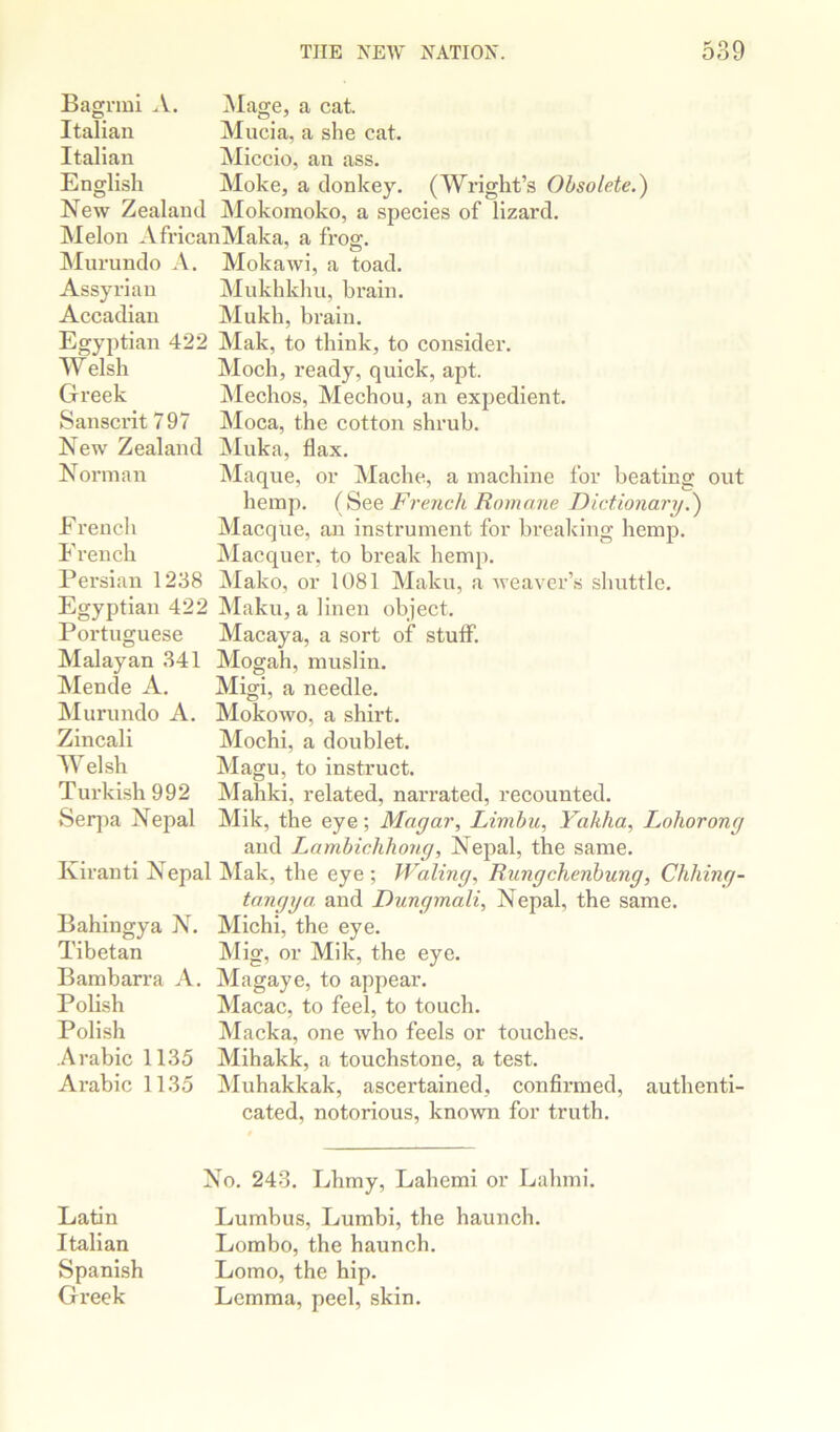 Bagrml A. Mage, a cat. Italian Mucia, a she cat. Italian Miccio, an ass. English Moke, a donkey. (Wright’s Obsolete.^ New Zealand Mokornoko, a species of lizard. Melon .VfricanMaka, a frog. Murundo A. Mokawi, a toad. Assyrian Mukhkhu, brain. Accadian Mukh, brain. Egyptian 422 Mak, to think, to consider. Welsh Moch, ready, quick, apt. Greek Mechos, Mechou, an expedient. Sanscrit 797 Moca, the cotton shrub. New Zealand Muka, flax. Norman Maque, or Mache, a machine for beating out hemp. ( French Romane Dictionary.^ Erencli Macque, an instrument for breaking hemp. French Macquer, to break hemp. Persian 1238 Mako, or 1081 Maku, a weaver’s shuttle. Egyptian 422 Maku, a linen object. Portuguese Macaya, a sort of stutf. Malayan 341 Mogah, muslin. Mende A. Migi, a needle. INIurundo A. Mokowo, a shirt. Zincali Mochi, a doublet. Welsh Magu, to instruct. Tui*kish992 Mahki, related, nai’rated, recounted. Seiqia Nepal Mik, the eye; Magar, Limbic, Yakha, Loliorong and T^ambichhong, Nepal, the same. Kirauti Nepal INIak, the eye ; Waling, Rungchenhung, Chhing- tangya. and Dungmali, Nepal, the same. Bahingya N. Michi, the eye. Tibetan Mig, or Mik, the eye. Bambarra A. Magaye, to appear. Polish Macac, to feel, to touch. Polish Macka, one who feels or touches. Arabic 1135 Mihakk, a touchstone, a test. jNIuhakkak, ascertained, confirmed, authenti- cated, notorious, known for truth. Arabic 1135 Latin Italian Spanish Greek No. 243. Lhmy, Lahemi or Lahmi. Lumbus, Lumbi, the haunch. Lombo, the haunch. Lomo, the hip. Lemma, peel, skin.