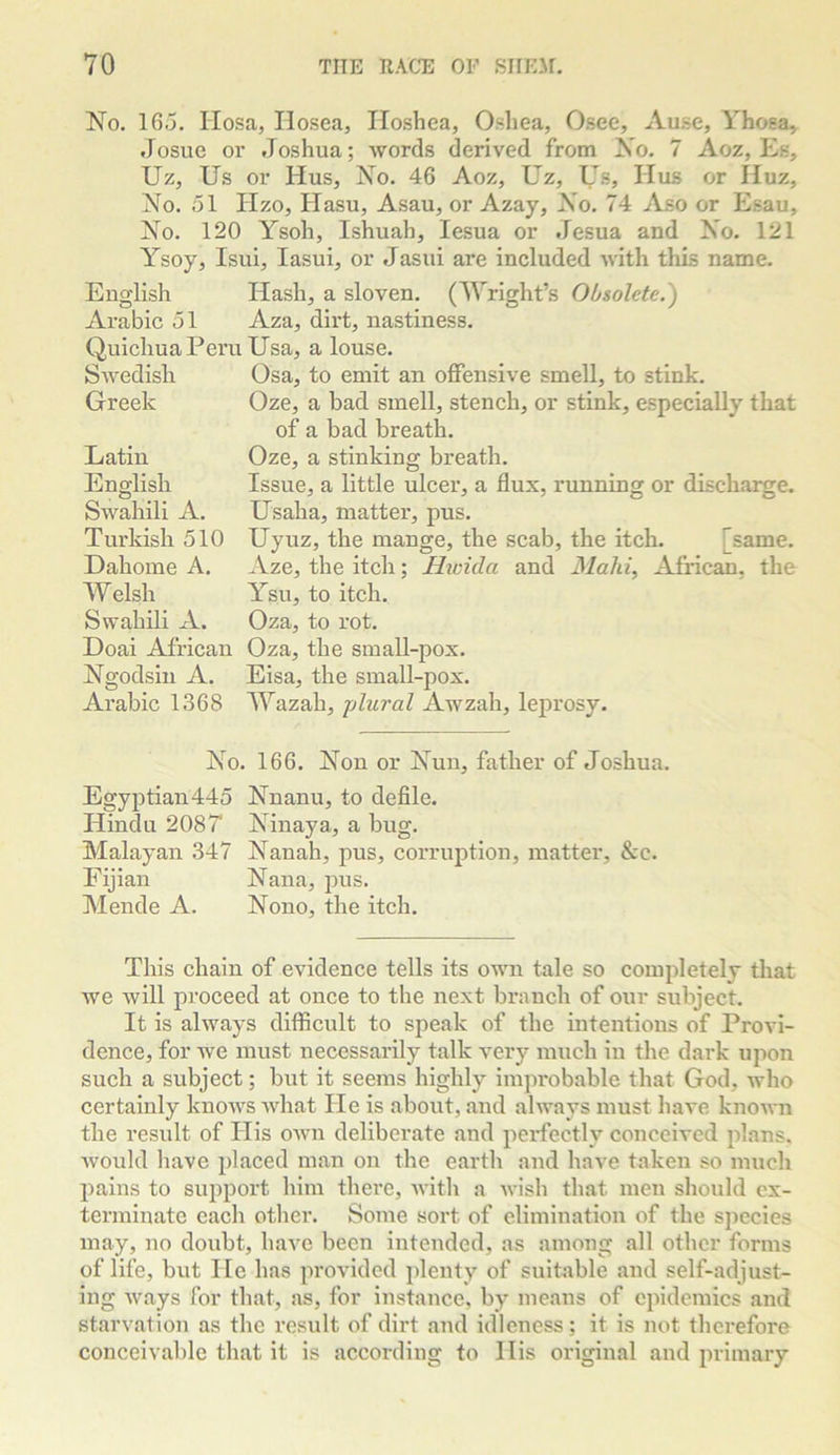 No. 16.5. Ilosa, Hosea, Iloshea, Osliea, Osee, Ause, Yhoea, Josue or Joshua; words derived from No. 7 Aoz, Es, Uz, Us or Hus, No. 46 Aoz, Uz, Us, Hus or Huz, No. 51 Hzo, Hasu, Asau, or Azay, No. 74 Aso or Esau, No. 120 Ysoh, Ishuah, lesua or Jesua and No. 121 Ysoy, Isui, lasui, or Jasui are included with this name. English Hash, a sloven. (Wright’s Obsolete.') Arabic 51 Aza, dirt, nastiness. QuichuaPeru Usa, a louse. Swedish Greek Latin English Swahili A. Turkish 510 Dahoine A. Welsh Swahili A. Doai African Ngodsin A. Arabic 1368 Osa, to emit an offensive smell, to stink, Oze, a bad smell, stench, or stink, especially that of a bad breath. Oze, a stinking breath. Issue, a little ulcer, a flux, running or discharge. Usaha, matter, pus. Uyuz, the mange, the scab, the itch. [same. Aze, the itch; Hwida and Mahi, African, the Ysu, to itch. Oza, to rot. Oza, the small-pox. Eisa, the small-pox. AYazah, jAural Awzah, leprosy. No. 166. Non or Nun, father of Joshua. Egyptian445 Nnanu, to defile. Hindu 2087 Ninaya, a bug. Malayan 347 Nanah, pus, corruption, matter, &c. Fijian Nana, pus. Mende A. Nono, the itch. This chain of evidence tells its own tale so completely tliat we will proceed at once to the next branch of our subject. It is always difficult to speak of the intentions of Provi- dence, for we must necessarily talk very much in the dark ujion such a subject; but it seems highly imjirobable that God, who certainly knows what He is about, and always must have known the result of His own deliberate and perfectly conceived plans, would have placed man on the earth and have taken so much pains to support him there, with a wish that men should ex- terminate each other. Some sort of elimination of the species may, no doubt, have been intended, as among all other forms of life, but He has provided plenty of suitable and self-adjust- ing ways for that, as, for instance, by means of epidemics and starvation as the result of dirt and idleness; it is not therefore conceivable that it is according to His original and primary