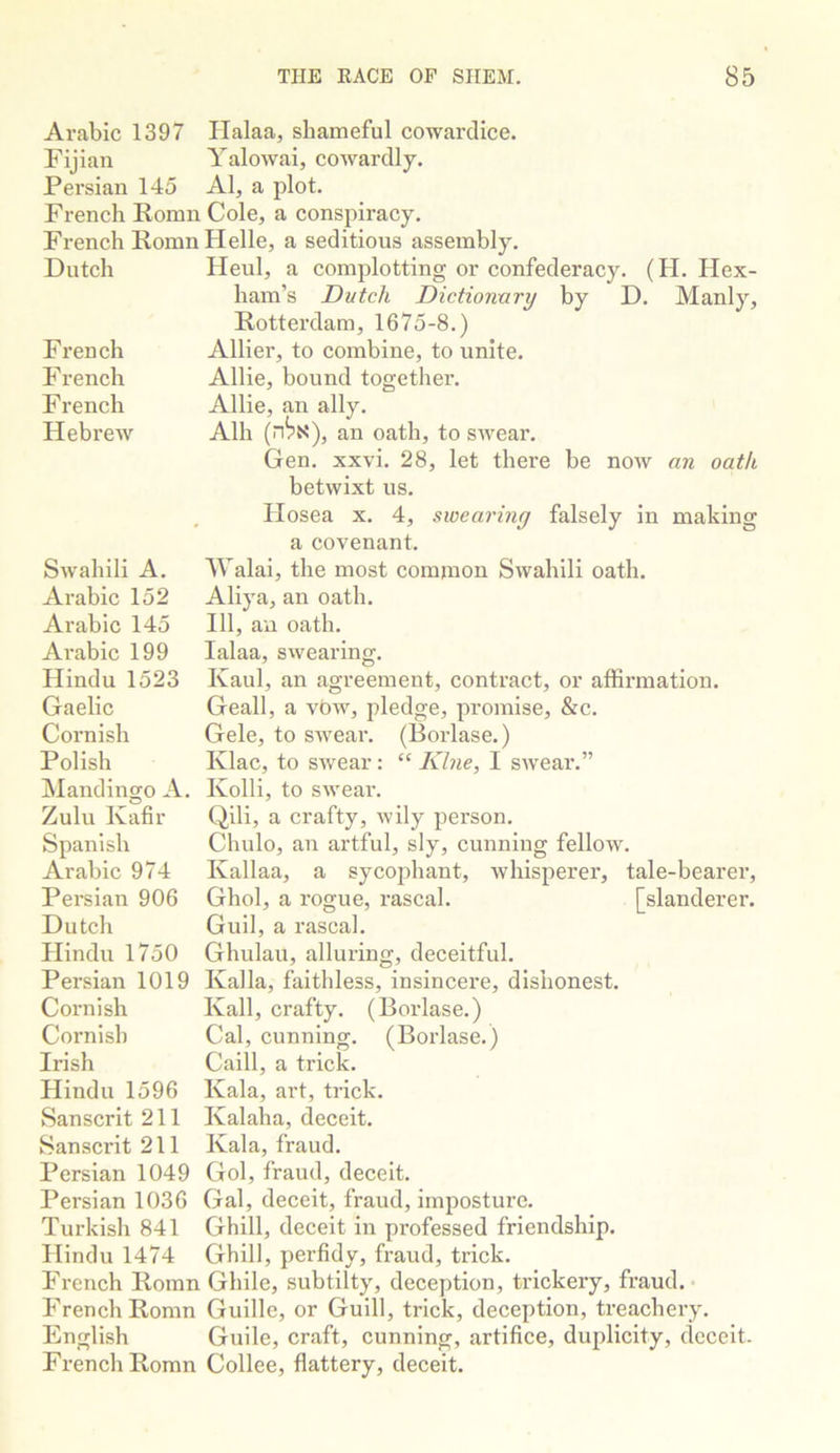 Arabic 1397 Fijian Persian 145 French Romn French Roinn Dutch French F rench French Hebrew Swahili A. Arabic 152 Arabic 145 Arabic 199 Hindu 1523 Gaelic Cornish Polish Mandingo A. Zulu Kafir Spanish Arabic 974 Persian 906 Dutch Hindu 1750 Persian 1019 Cornish Cornish Irish Hindu 1596 Sanscrit 211 Sanscrit 211 Persian 1049 Persian 1036 Turkish 841 Hindu 1474 French Romn French Romn English French Romn Halaa, shameful cowardice. Yalowai, cowardly. Al, a plot. Cole, a conspiracy. Helle, a seditious assembly. Heul, a complotting or confederacy. (H. Hex- ham’s Dutch Dictionury by D. Manly, Rottei'dam, 1675-8.) Allier, to combine, to unite. Allie, bound together. Allie, an ally. Alh (n^S), an oath, to swear. Gen. xxvi. 28, let there be now an oath betwixt us. Hosea x. 4, swearing falsely in making a covenant. Walai, the most common Swahili oath. Aliya, an oath. Ill, an oath, lalaa, swearing. Kaul, an agreement, contract, or affirmation. Geall, a vow, pledge, promise, &c. Gele, to swear. (Borlase.) Klac, to swear: “ Klne, I swear.” Kolli, to swear. Qili, a crafty, wily person. Chulo, an artful, sly, cunning fellow. Kallaa, a sycojohant, whisperer, tale-bearer, Ghol, a rogue, rascal. [slanderer. Guil, a rascal. Ghulau, alluring, deceitful. Kalla, faithless, insincere, dishonest. Kail, crafty. (Borlase.) Cal, cunning. (Borlase.) Caill, a trick. Kala, art, trick. Kalaha, deceit. Kala, fraud. Gol, fraud, deceit. Gal, deceit, fraud, imposture. Ghill, deceit in pi’ofessed friendship. Ghill, perfidy, fraud, trick. Ghile, subtilty, deception, trickery, fraud. • Guille, or Guill, trick, deception, treachery. Guile, craft, cunning, artifice, duplicity, deceit. Collee, flattery, deceit.