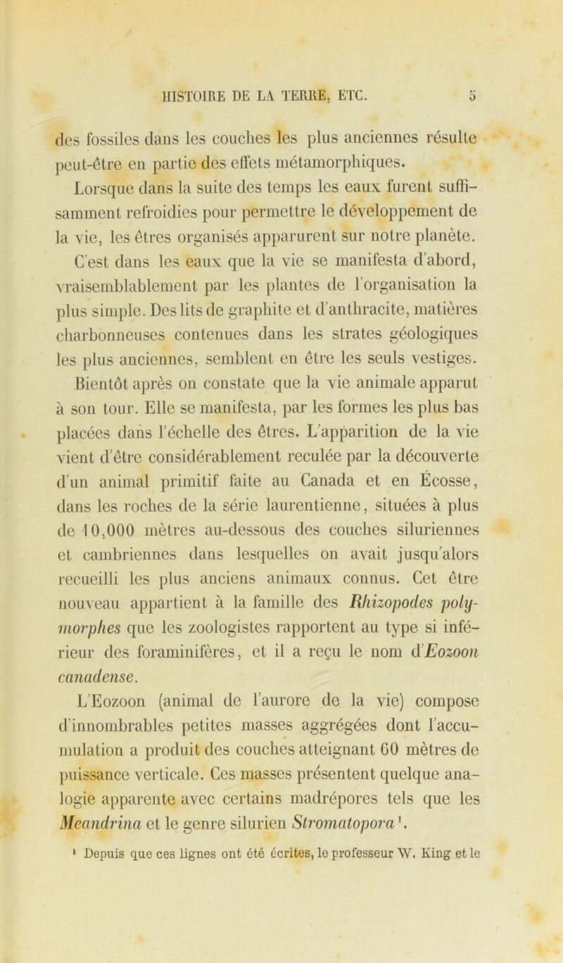 des fossiles dans les couches les plus anciennes résulte peut-être en partie des effets métamorphiques. Lorsque dans la suite des temps les eaux furent suffi- samment refroidies pour permettre le développement de la vie, les êtres organisés apparurent sur notre planète. C’est dans les eaux que la vie se manifesta d’abord, A'raisemblablement par les plantes de l’organisation la plus simple. Des lits de graphite et d’anthracite, matières charbonneuses contenues dans les strates géologiques les plus anciennes, semblent en être les seuls vestiges. Bientôt après on constate que la vie animale apparut à son tour. Elle se manifesta, par les formes les plus bas placées dans l’échelle des êtres. L’apparition de la vie vient d’être considérablement reculée par la découverte d’un animal primitif faite au Canada et en Écosse, dans les roches de la série laurentienne, situées à plus de 10,000 mètres au-dessous des couches siluriennes et cambriennes dans lesquelles on avait jusqu’alors recueilli les plus anciens animaux connus. Cet être nouveau appartient à la famille des R/iizopodes poly- morphes que les zoologistes rapportent au type si infé- rieur des foraminifères, et il a reçu le nom dîEozoon canadense. L’Eozoon (animal de l’aurore de la vie) compose d’innombrables petites masses aggrégées dont l’accu- mulation a produit des couches atteignant 60 mètres de puissance verticale. Ces masses présentent quelque ana- logie apparente avec certains madrépores tels que les Meandrina et le genre silurien StromatoporaK ‘ Depuis que ces lignes ont été écrites, le professeur W. King et le