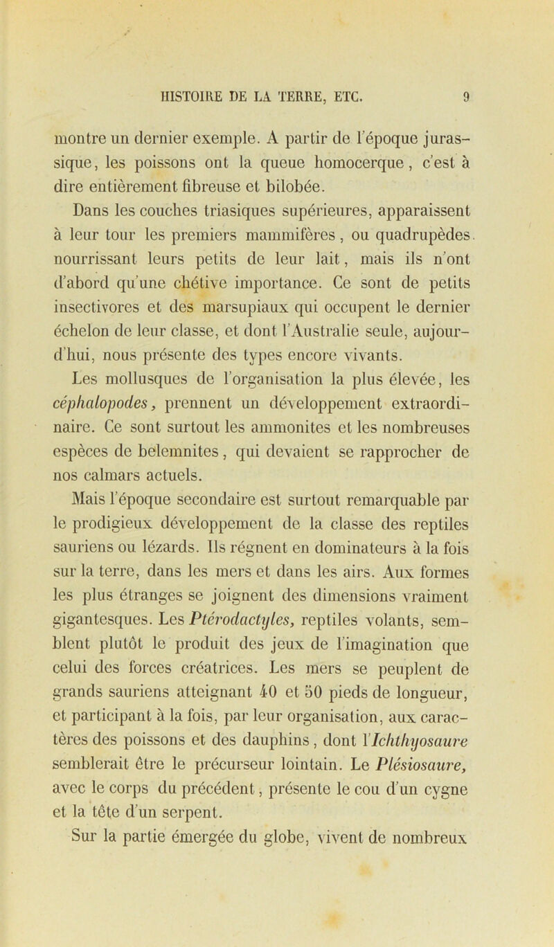 montre un dernier exemple. A partir de l’époque juras- sique, les poissons ont la queue homocerque, c’est à dire entièrement fibreuse et bilobée. Dans les couches triasiques supérieures, apparaissent à leur tour les premiers mammifères, ou quadrupèdes. nourrissant leurs petits de leur lait, mais ils n’ont d’abord qu’une chétive importance. Ce sont de petits insectivores et des marsupiaux qui occupent le dernier échelon de leur classe, et dont l’Australie seule, aujour- d’hui, nous présente des types encore vivants. Les mollusques de l’organisation la plus élevée, les céphalopodes, prennent un développement extraordi- naire. Ce sont surtout les ammonites et les nombreuses espèces de belemnites, qui devaient se rapprocher de nos calmars actuels. Mais l’époque secondaire est surtout remarquable par le prodigieux développement de la classe des reptiles sauriens ou lézards. Ils régnent en dominateurs à la fois sur la terre, dans les mers et dans les airs. Aux formes les plus étranges se joignent des dimensions vraiment gigantesques. Les Ptérodactyles, reptiles volants, sem- blent plutôt le produit des jeux de l’imagination que celui des forces créatrices. Les mers se peuplent de grands sauriens atteignant 40 et 50 pieds de longueur, et participant à la fois, par leur organisation, aux carac- tères des poissons et des dauphins, dont VIclitliyosam^e semblerait être le précurseur lointain. Le Plésiosauj^e, avec le corps du précédent, présente le cou d’un cygne et la tète d’un serpent. Sur la partie émergée du globe, v ivent de nombreux