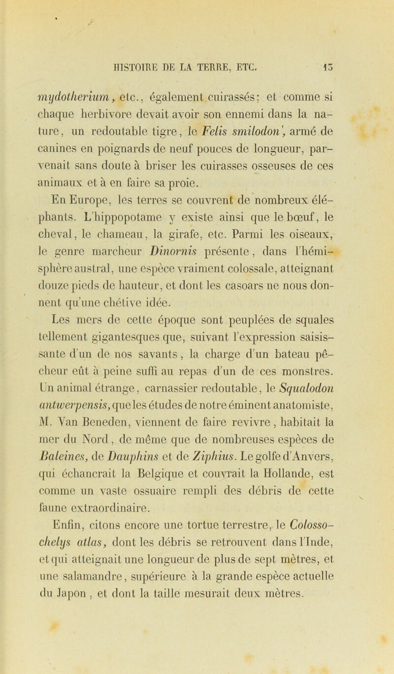 mydoilieimim, elc.^ également cuirassés; et comme si chaque lierbivore devait avoir son ennemi clans la na- ture, un redoutable tigre, le Felis smiloclon', armé de canines en poignards de neuf pouces de longueur, par- venait sans doute à briser les cuirasses osseuses de ces animaux et à en faire sa proie. En Europe, les terres se couvrent de nombreux élé- phants. L’hippopotame y existe ainsi que le bœuf, le cheval, le chameau, la girafe, etc. Parmi les oiseaux, le genre marcheur Dhiornis présente, dans l’hémi- sphère austi'al, une espèce vraiment colossale, atteignant douze pieds de hauteur, et dont les casoars ne nous don- nent qu’une chétive idée. Les mers de cette épocpie sont peuplées de squales tellement gigantesques cjne, suivant l’expression saisis- sante d’un de nos savants, la charge d’un bateau pê- cheur eût à peine suffi au repas d’un de ces monstres, ün animal étrange, carnassier redoutable, le Squalodon antwerpensis, que les études de notre éminent anatomiste, M. Van Beneden, viennent de faire revivre, habitait la mer du Nord, de même que de nombreuses espèces de Baleines, de Dauphins et de Ziphius. Le golfe d’Anvers, qui échancrait la Belgique et couvrait la Hollande, est comme un vaste ossuaire rempli des débris de cette faune extraordinaire. Enfin, citons encore une tortue terrestre, le Colosso- chelys atlas, dont les débris se retrouvent dans l’Inde, et qui atteignait une longueur de plus de sept mètres, et une salamandre, supérieure à la grande espèce actuelle du .lapon , et dont la taille mesurait deux mètres.