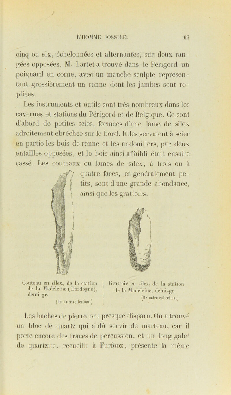 cinq ou .sis, ccbeloimées el alternantes, sur deux ran- gées opposées. M. Lartet a trouvé dans le Périgord un ])oignard en corne, avec un inanclie sculpté représen- lant grossièrement un renne dont les jambes sont re- pliées. Les instruments et outils sont très-nombreux dans les cavernes et stations du Périgord et de Belgique. Ce sont d’abord de petites scies, formées d’une lame de silex adroitement ébréchée sur le l)ord. Elles servaient à scier en partie les bois de renne et les andouillers, par deux entailles opposées, et le bois ainsi affaibli était ensuite cassé. Les couteaux ou lames de silex, à trois ou à quatre faces, et généralement pe- tits, sont d’une grande abondance, ainsi que les grattoirs. Couteau en silex, de la station de la Madeleine (Dordogne), demi-gr. {I)(! tioirc colleclion.) Grattoir en silex, de la staliou de la Madeleine, demi-gr. (De noire colleclion.) Les haches de jiierre ont presque disparu. On a trouvé un bloc de quartz qui a dû servir de marteau, car il porte encore des traces de percussion, et un long galet de quarlzite, recueilli à Furfooz, présente la meme