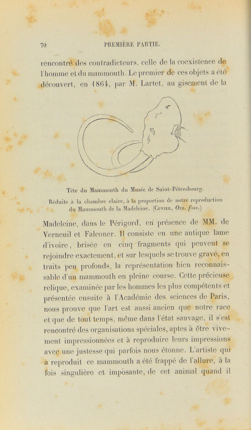 70 HIEMIÈIIE i'ARTlE. rencontré des conlradicteurs, celle de la cocx.istence de l’homme et du mammouth. Le premier de ces objets a etc découvert, en 1864, par M. Lartet, au gisement de la Tète du Mammouth du Musée de Saiul-Pélershourg. Réduite à la ehamhre elaire, à la proportion de notre reproduetion du Mammouth de la Madeleine. (Covieu, Oss. foss.') Madeleine, dans le Périgord, eh présence de MM. de A^erneuil et Falconer. 11 consiste en une antique lame d’ivoire, brisée en cinq Iragments qui peuvent se rejoindre exactement, et sur lesquels se trouve gravé, en traits peu profonds, la représentation bien reconnais- sable d’un mammouth en pleine course. Cette précieuse relique, examinée par les hommes les plus compétents et présentée ensuite à l’Académie des sciences de Paris, nous prouve que l’art est aussi ancien que notre race et que de tout temps, meme dans l’état sauvage, il s est rencontré des organisations spéciales, aptes à être vive- ment impressionnées et à reproduire leurs impressions avec une justesse c[ui parfois nous étonne. L artiste qui a reproduit ce mammouth a été frappé de 1 allure, à la fois singulière et imposante, de cet animal quanti il