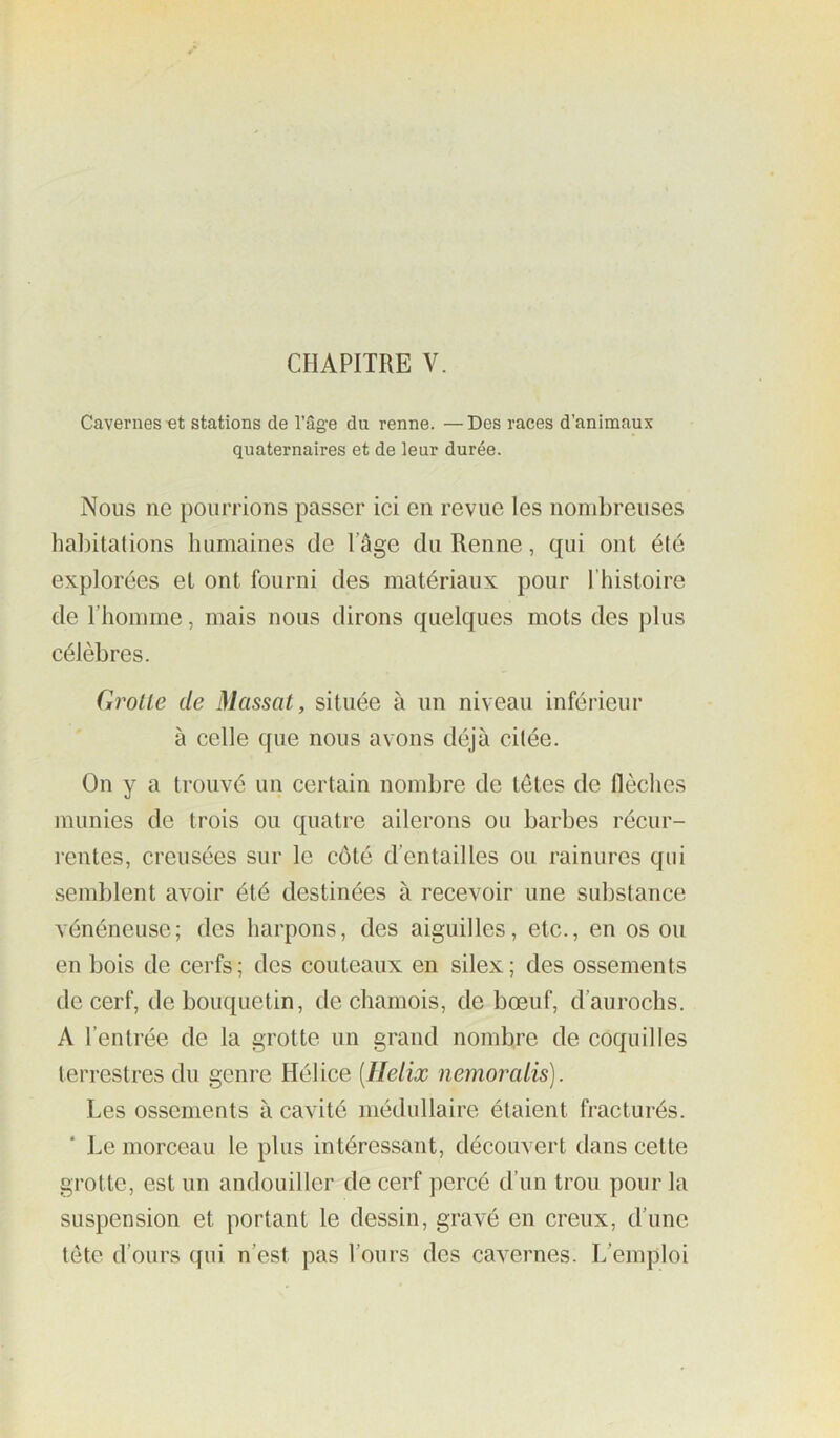 CHAPITRE V. Cavernes «t stations de l’âge du renne. —Des races d’animaux quaternaires et de leur durée. Nous ne pourrions passer ici en revue les nombreuses habitations humaines de l’âge du Renne, qui ont été explorées et ont fourni des matériaux pour l’histoire de l’homme, mais nous dirons quelques mots des plus célèbres. GroUe de Massat, située à un niveau inférieur à celle que nous avons déjà citée. On y a trouvé un certain nombre de têtes de flèches munies de trois ou quatre ailerons ou barbes récur- rentes, creusées sur le côté d’entailles ou rainures qui semblent avoir été destinées à recevoir une substance vénéneuse; des harpons, des aiguilles, etc., en os ou en bois de cerfs ; des couteaux en silex ; des ossements de cerf, de bouquetin, de chamois, de bœuf, d’aurochs. A l’entrée de la grotte un grand nombre de coquilles terrestres du genre Hélice {Hélix nemoralis). Les ossements à cavité médullaire étaient fracturés. Le morceau le plus intéressant, découvert dans cette grotte, est un andouiller de cerf percé d’un trou pour la suspension et portant le dessin, gravé en creux, d’une tète d’ours qui n’est pas l’ours des cavernes. L’emploi