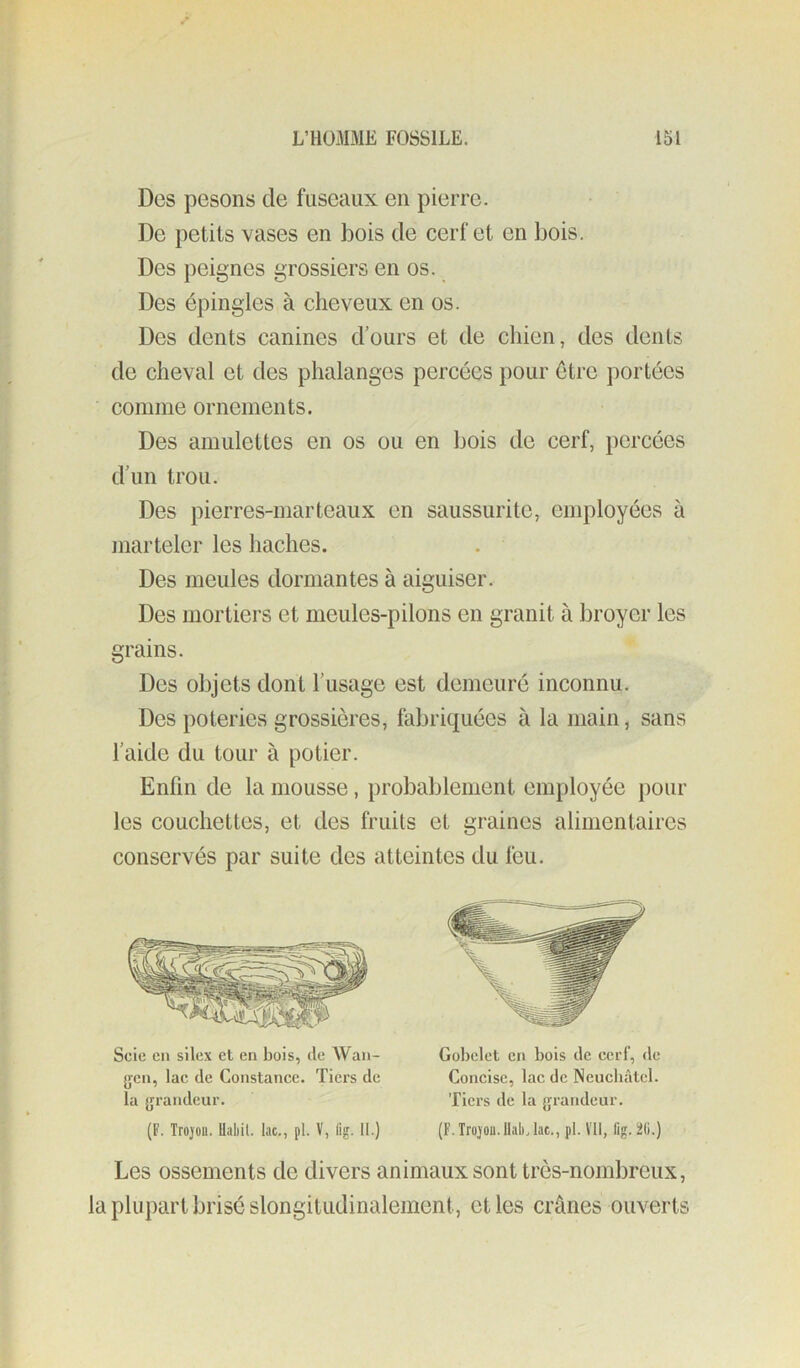 Des pesons de fuseaux en pierre. De petits vases en bois de cerf et en bois. Des peignes grossiers en os. Des épingles à cheveux en os. Des dents canines d’ours et de cliien, des dents de cheval et des phalanges percées pour être portées comme ornements. Des amulettes en os ou en Ijois de cerf, percées d’un trou. Des pierres-marteaux en saussurite, employées à marteler les haches. Des meules dormantes à aiguiser. Des mortiers et meules-pilons en granit à l3royer les grains. Des objets dont l’usage est demeuré inconnu. Des poteries grossières, fabriquées à la main, sans l’aide du tour à potier. Enfin de la mousse, probablement employée pour les couchettes, et des fruits et graines alimentaires conservés par suite des atteintes du feu. Scie en silex et en bois, de AVan- }jen, lac de Constance. Tiers de la [jrandeur. Gobelet en bois de ecrl', de Concise, lac de Neucbâtel. Tiers de la {grandeur. (F. Trojou. Habit, lac., pl. V, lig. II.) (F. Trojou. liab. lac., pl. Vil, fig. 20.) Les ossements de divers animaux sont très-nombreux, la plupart brisé slongitudinalement, et les crânes ouverts
