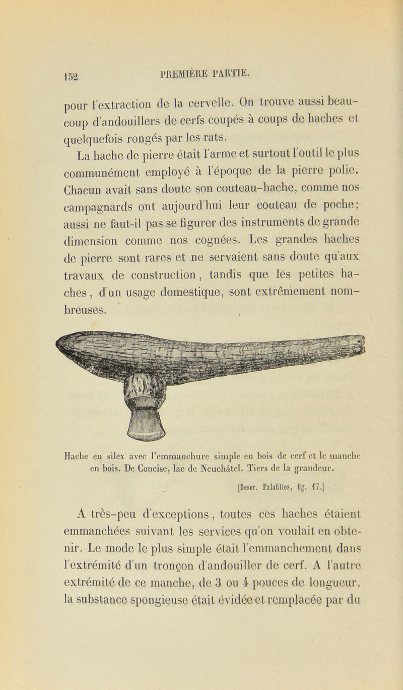 m HlEMIÈllE l’AllTlE. pour lextraction de la cervelle. On trouve aussi beau- coup d andouillers de cerfs coupés à coups de haches et quelquefois rongés par les rats. La hache de pierre était l’arme et surtout l’outil le plus communément employé à 1 époque de la pierre polie. Chacun avait sans doute son couteau-hache, comme nos campagnards ont aujourd’hui leur couteau de poche; aussi ne faut-il pas se figurer des instruments de grande dimension comme nos cognées. Les grandes haches de pierre sont rares et ne servaient sans doute qu’aux travaux de construction, tandis que les petites ha- ches , d’un usage domestique, sont extrêmement nom- breuses. Hache eu silex avec remmanchure siuiple en bois de cerf et le iiiaiiclic en bois. De Concise, lac de Ncucbàtel. Tiers de la grandeur. (Desor. Palafilles, fig. 17.) A très-peu d’exceptions, toutes ces haches étaient emmanchées suivant les services qu’on voulait en obte- nir. Le mode le plus simple était l’emmanchement dans l’extrémité d’un tronçon d’andouiller de cerf. A l’autre extrémité de ce manche, de 3 ou 4 pouces de longueur, la substance spongieuse était évidée et remplacée par du