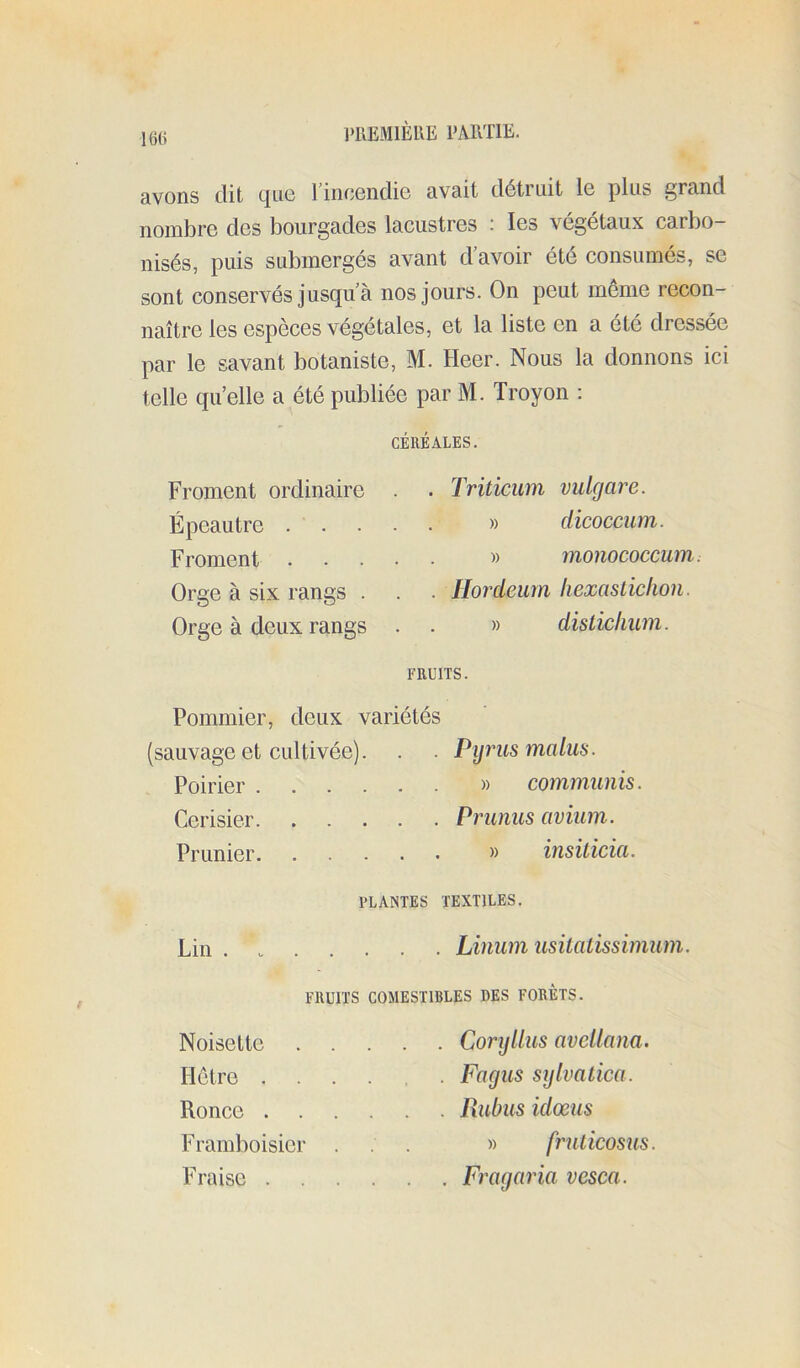 m l>llEMlÈlUi PARTIE. avons dit t[iiG 1 incGiidio avait détruit lo plus grand nombre des bourgades lacustres : les végétaux carbo- nisés, puis submergés avant d’avoir été consumés, se sont conservés jusqu’à nos jours. On peut môme recon- naître les espèces végétales, et la liste en a été dressée par le savant botaniste, M. Heer. Nous la donnons ici telle quelle a été publiée par M. Troyon : CÉRÉALES. Froment ordinaire Épeautre . Froment . Orge à six rangs . Orge à deux rangs . Triticum vulcjare. » dicoccum. y> monococcum. . Hoi^deiim hexaslichon. » disticliurn. FRUITS. Pommier, deux variétés (sauvage et cultivée). . . Pijnis malus. Poirier » communis. Cerisier Prunus avium. Prunier » insilicici. PLANTES TEXTILES. Lin . Linumusilalissimum. FRUITS COMESTIBLES DES FORÊTS. Noisette Coryllus avcUana. Hêtre Fagus sylvatica. Ronce Rubus idœus Framboisier ... » frulicosiis. Fraise Fragaria vesca.