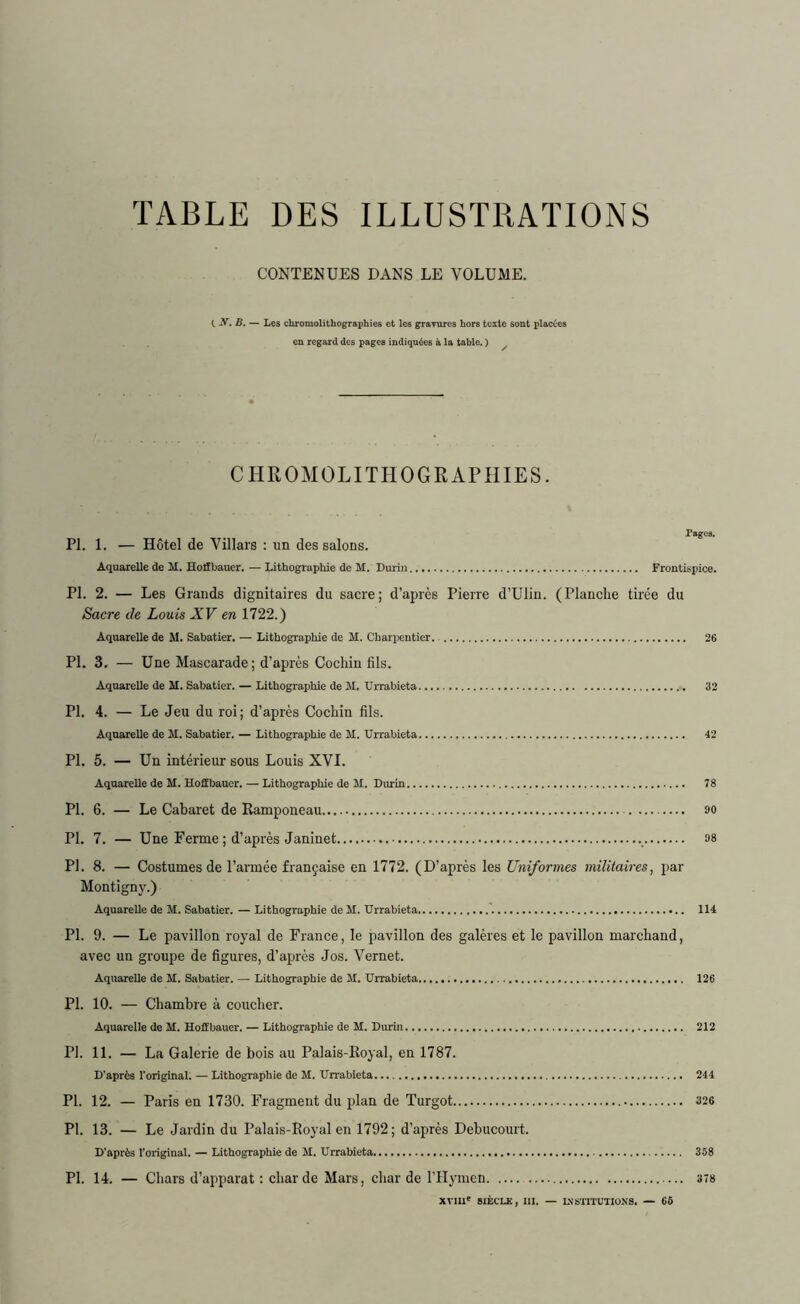 TABLE DES ILLUSTRATIONS CONTENUES DANS LE VOLUME. (. -‘V'. B. — Les chromolithographies et les gravures hors texte sont placées en regard des pageB indiquées à la table. ) CHROMOLITHOGRAPHIES. Tages. PL 1. — Hôtel de Villars : un des salons. Aquarelle de M. Holïbauer. — Lithographie de H. Durin Frontispice. PL 2. — Les Grands dignitaires du sacre; d’après Pierre d’Ulin. (Planche tirée du Sacre cle Louis XV en 1722.) Aquarelle de M. Sabatier. — Lithographie de M. Charpentier. 26 Pl. 3. — Une Mascarade; d’après Cocliin fils. Aquarelle de M. Sabatier. — Lithographie de M. Urrabieta 32 Pl. 4. — Le Jeu du roi; d’après Cocliin fils. Aquarelle de M. Sabatier. — Lithographie de M. Urrabieta 42 Pl. 5. — Un intérieur sous Louis XVI. Aquarelle de M. HofEbauer. — Lithographie de M. Durin 78 Pl. 6. — Le Cabaret de Ramponeau 90 Pl. 7. — Une Ferme ; d’après Janinet 98 PL 8. — Costumes de l’armée française en 1772. (D’après les Uniformes militaires, par Montigny.) Aquarelle de M. Sabatier. — Lithographie de M. Urrabieta 114 Pl. 9. — Le pavillon royal de France, le pavillon des galères et le pavillon marchand, avec un groupe de figures, d’après Jos. Vernet. Aquarelle de M. Sabatier. — Lithographie de M. Urrabieta 126 Pl. 10. — Chambre à coucher. Aquarelle de M. Holïbauer. — Lithographie de M. Durin 212 Pl. 11. — La Galerie de bois au Palais-Royal, en 1787. D'après l'original. — Lithographie de M. Urrabieta 244 Pl. 12. — Paris en 1730. Fragment du plan de Turgot 326 Pl. 13. — Le Jardin du Palais-Royal en 1792 ; d’après Debucourt. D’après l’original. — Lithographie de M. Urrabieta 358 Pl. 14. — Chars d’apparat : char de Mars, char de l’Hymen 378 XVIIIe SIÈCLE, 111. — INSTITUTIONS. — 66