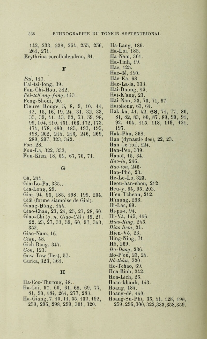 142, 233, 238, 254, 235, 256, 261, 271. Erylhrina corollodendron, 81. F Fai, 117. Fai-tsi-long, 39. Fan-Chi-Hou, 212. Fei-tch'ang-fang, 143. Feng-Shoui, 90. Fleuve Rouge, 3, 8, 9, 10, 11, 12, 13, 16, 19, 24, 31, 32, 33, 35, 39, 41, 43, 52, 53, 59, 98, 99,104, 110,131,166,172,173. 174, 178, 180, 183, 193, 195, 198, 202, 214, 216, 246, 269, 289, 297, 323, 342. Fou, 28. Fou-La, 322, 333. Fou-Kien, 18, 64, 67, 70, 71. G Gà, 244. Gia-Lo-Pa, 335.. Gia-Long, 29. Giai, 94, 93, 183, 198, 199, 204. Giai (forme siamoise de Giai). Giang-Bông, 144. Giao-Châu, 23, 24, 23, 27, 28, 60. Giao-Chi [q. n. Giao-Chl), 19, 21, 22, 23, 27, 33, 59, 60, 97, 343, 352. Giao-Nam, 16. Giap, 48. Gich-Rang, 347. Go7i, 123. Gow-Tow (Iles), 57. Gurka, 323, 361. H Ila-Coc-Thu'o’ng, 48. Ha-Coi, 57, 60, 61, 68, 69, 77, 81, 90, 184, 264, 277, 283. Ha-Giang, 7,10,11,55,132,192, 239, 296, 298,299, 301, 320. Ha-Lang, 186. Ha-Loi, 185. Ha-Nam, 361. Ha-Tinh, 19. Hac, 125. Hac-dê, 140. Hâc-Ka, 68. Hac-La-la, 333. Hai-Duong, 15. Hai-K’ang, 23. Hai-Nan, 23, 70, 71, 97. Ilaiphong, 63, 64. Ilak-ka, 41, 42, 68, 71, 77, 80, 81, 82, 83, 86, 87, 89, 90, 91, 92, 104, 115, 118, 119, 121, 197. Hak-Phu, 358. Han (dynastie des), 22, 23. Han (le roi), 124. Han-Peo, 339. Hanoï, 15, 34. Hao-lu, 246. Hao-ton, 246- Hap-Phô, 23. He-Lo-Lo, 323. Heou-han-chou, 212. Heu-y, 94, 93, 203. H’en Tcheou, 212. H’mung, 296. Hi-Lac, 69. Hi-pa-i, 94. Hi-Vâ, 145, 146. Hiao-King, 245. Hiao-liem, 24. Hien-Vô, 23. Hing-Ning, 71. Hô, 269. Ho-Dang, 236. Ho-P’ou, 23, 24. Ho-thàu, 320. Ho-Tchao, 69. Hoa-Binh, 342. Hoa-Lich, 23. Hûàn-khanli, 143. Hoang, 184. Hoang-dé, 140. Hoang-Su-Phi, 35, 41, 128, 198, 259, 296,300,322,333,358,359.