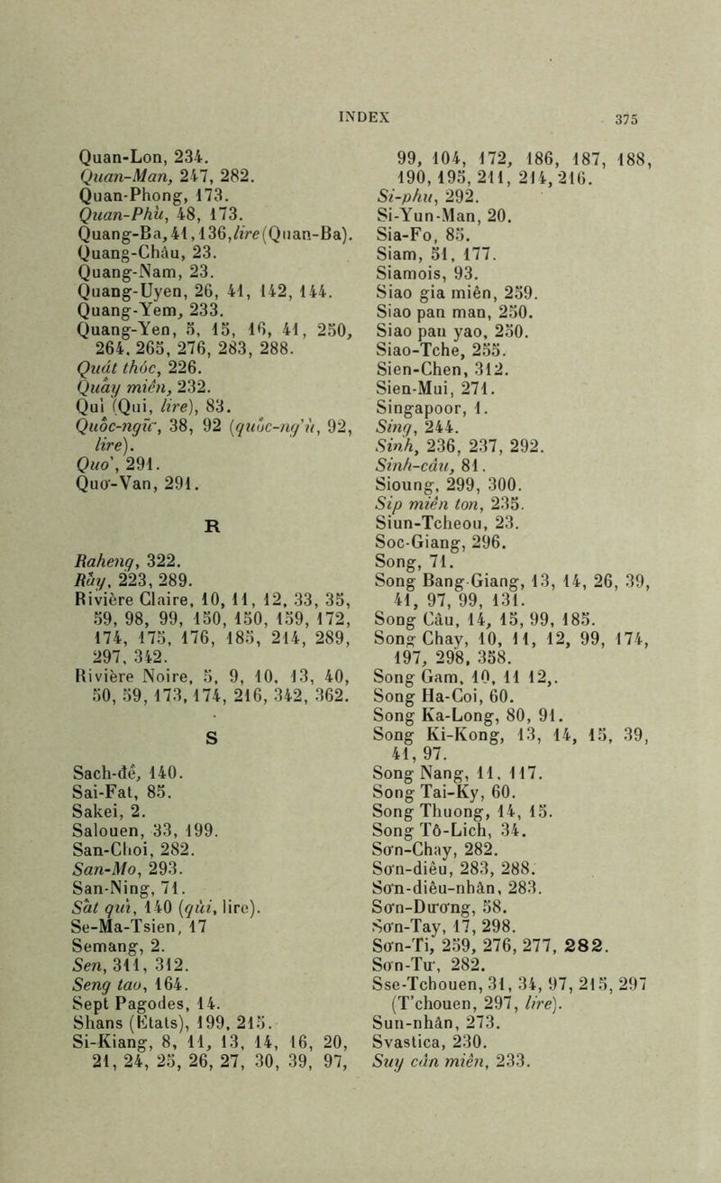 Quan-Lon, 234. Quan-Man, 247, 282. Quan-Phong, 173. Quan-Phh, 48, 173. Quang-Ba,41, l36,/î/’e(Qiian-Ba). Quang-Châu, 23. Quang-Nam, 23. Quang-Uyen, 26, 41, 142, 144. Quang-Yem, 233. Quang-Yeo, 5, 15, 16, 41, 250, 264,265, 276, 283, 288. Quàt thôc, 226. Qumj mien, 232. Qui (Qui, lire), 83. Quoc-7igîc, 38, 92 {qiujc-ng'ù, 92, lire). Quo\ 291. Qu(r-Van, 291. R Raheng, 322. Ray, 223,289. Rivière Claire, 10, 11, 12, 33, 35, 59, 98, 99, 150, 150, 159, 172, 174, 175, 176, 185, 214, 289, 297, 342. Rivière Noire, 5, 9, 10, 13, 40, 50, 59, 173,174, 216, 342, 362. S Sach-dê, 140. Sai-Fat, 85. Sakei, 2. Salouen, 33, 199. San-Clioi, 282. San-Mo, 293. San-Ning, 71. Sat qià, 140 [qui, lire). Se-Ma-Tsien, 17 Semang, 2. Sen, 311, 312. Seng tao, 164. Sept Pagodes, 14. Shans (Ftals), 199, 215. Si-Kiang, 8, 11, 13, 14, 16, 20, 21, 24, 25, 26, 27, 30, 39, 97, 99, 104, 172, 186, 187, 188, 190, 195, 211, 214,216. Si-phu, 292. Si-Yun-Man, 20. Sia-Fo, 85. Siam, 51, 177. Siamois, 93. Siao gia miên, 259. Siao pan man, 250. Siao pan yao, 250. Siao-Tche, 255. Sien-Chen, 312. Sien-Mui, 271. Singapoor, 1. Smg, 244. Sinh, 236, 237, 292. Sinh-câu, 81. Sioung, 299, 300. Sip miên ton, 235. Siun-Tcheou, 23. Soc-Giang, 296. Song, 71. Song Bang-Giang, 13, 14, 26, 39, 41, 97, 99, 131. Song Câu, 14, 15, 99, 185. Song Chay, 10, 11, 12, 99, 174, 197, 29'8. 358. Song Gam, 10, 11 12,. Song Ha-Goi, 60. Song Ka-Long, 80, 91. Song Ki-Kong, 13, 14, 15, 39, 41, 97. Song Nang, 11. 117. Song Tai-Ky, 60. Song Thuong, 14, 15. Song Tô-Lich, 34. Sffn-Chay, 282. So’n-diêu, 283, 288. So’n-diêu-nhân, 283. So’n-Diro’ng, 58. Sffn-Tay, 17, 298. So-n-Ti, 259, 276, 277, 282. Snn-Tir, 282. Sse-Tchouen, 31, 34, 97,215,297 (T’chouen, 297, lire). Sun-nhân, 273. Svaslica, 230. Suy cân miên, 233.