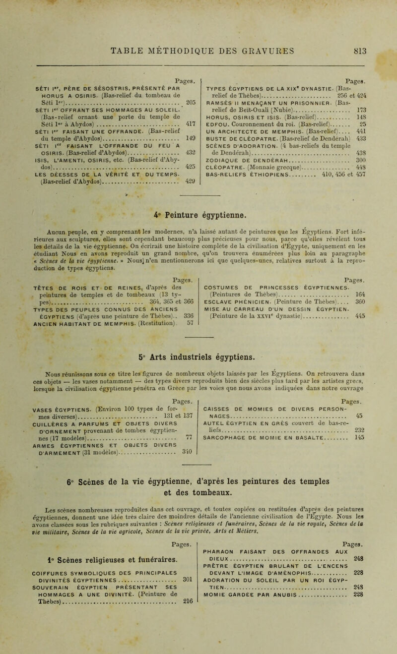 Pages. SÉTI I, PÈRE DE SÉSOSTRIS, PRÉSENTÉ PAR horus A os iris. (Bas-relief du tombeau de Séti I) 205 SÉTI I OFFRANT SES HOMMAGES AU SOLEIL.' (Bas-relief ornant une porte du temple de Séti l*r à Abydos) 417 SÉTI I*' FAISANT UNE OFFRANDE. (Bas-relief du temple d’Abydos) 149 SÉTI I FAISANT L'OFFRANDE DU FEU A o S i R l S. (Bas-relief d’Abydos) 432 ISIS, l’amenti, osiris, etc. (Bas-relief d’Aby- dos) 425 LES OÉESSES DE LA VÉRITÉ ET DU TEMPS- (Bas-relief d’Abydos) 429 Pages. TYPES ÉGYPTIENS DE LA XIX* DYNASTIE. (Bas- relief de Thèbes).... 256 et 424 RAMSÈS II MENAÇANT UN PRISONNIER. (Bas- relief de Beït-Ouali (Nubie) 173 HORUS, OSIRIS ET ISIS. (Bas-relief) 148 edfou. Couronnement du roi. (Bas-relief) 25 un architecte de memphis. (Bas-relief) 441 buste de cléopatre. (Bas-relief de Dendérah) 433 scènes D'adoration. (4 bas-reliefs du temple de Dendérah) 438 ZODIAQUE DE DENDÉRAH 300 cléopatre. (Monnaie grecque) 448 bas-reliefs éthiopiens 410, 456 et 457 4° Peinture égyptienne. Aucun peuple, en y comprenant les modernes, n’a laissé autant de peintures que les Égyptiens. Fort infé- rieures aux sculptures, elles sont cependant beaucoup plus précieuses pour nous, parce qu’elles révèlent tous les détails de la vie égyptienne. On écrirait une histoire complète de la civilisation d’Egypte, uniquement en les étudiant Nous en avons reproduit un grand nombre, qu’on trouvera énumérées plus loin au paragraphe « Scènes de la vie égyptienne. » Nous) n’en mentionnerons ici que quelques-unes, relatives surtout à la repro- duction de types égyptiens. Pages. TÊTES DE ROIS ET DE REINES, d’après des . peintures de temples et de tombeaux (13 ty- pes) 364, 365 et 366 TYPES DES PEUPLES CONNUS DES ANCIENS égyptiens (d’après une peinture de Thèbes).. 336 ANCIEN HABITANT de memphis. (Restitution) 57 Pages. costumes de princesses égyptiennes. (Peintures de Thèbes) 164 esclave PHÉNICIEN. (Peinture de Thèbes).... 360 MISE AU CARREAU D’UN DESSIN ÉGYPTIEN. (Peinture de la XXVIe dynastie) 445 5° Arts industriels égyptiens. Nous réunissons sous ce titre les figures de nombreux objets laissés par les Égyptiens. On retrouvera dans ces objets — les vases notamment — des types divers reproduits bien des siècles plus tard par les artistes grecs, lorsque la civilisation égyptienne pénétra en Grèce par les voies que nous avons indiquées dans notre ouvrage Pages. VASES ÉGYPTIENS. (Environ 100 types de for- mes diverses) 131 et 137 CUILLÈRES A PARFUMS ET OBJETS DIVERS D'Ornement provenant de tombes égyptien- nes (17 modèles) 77 ARMES ÉGYPTIENNES ET OBJETS DIVERS D'ARMEMENT (31 modèles) 340 Pages. CAISSES DE MOMIES DE DIVERS PERSON- NAGES 45 autel égyptien en grès couvert de bas-re- liefs 232 SARCOPHAGE DE MOMIE EN BASALTE 145 6° Scènes de la vie égyptienne, d’après les peintures des temples et des tombeaux. Les scènes nombreuses reproduites dans cet ouvrage, et toutes copiées ou restituées d’après des peintures égyptiennes, donnent une idée très claire des moindres détails de l’ancienne civilisation de l’Egypte. Nous les avons classées sous les rubriques suivantes : Scènes religieuses et funéraires, Scènes de la vie royale, Scènes de la vie militaire, Scènes de la vie agricole, Scènes de la vie privée, Arts et Métiers. Pages. 1° Scènes religieuses et funéraires. COIFFURES SYMBOLIQUES DES PRINCIPALES DIVINITÉS ÉGYPTIENNES 301 SOUVERAIN ÉGYPTIEN PRÉSENTANT SES hommages A une divinité. (Peinture de Thèbes) 216 Pages. PHARAON FAISANT DES OFFRANDES AUX DIEUX 248 PRÊTRE ÉGYPTIEN BRULANT DE L'ENCENS DEVANT L'IMAGE D'AMÉNOPHIS 228 ADORATION DU SOLEIL PAR UN ROI ÉGYP- TIEN 248 MOMIE GARDÉE PAR ANUBIS 228