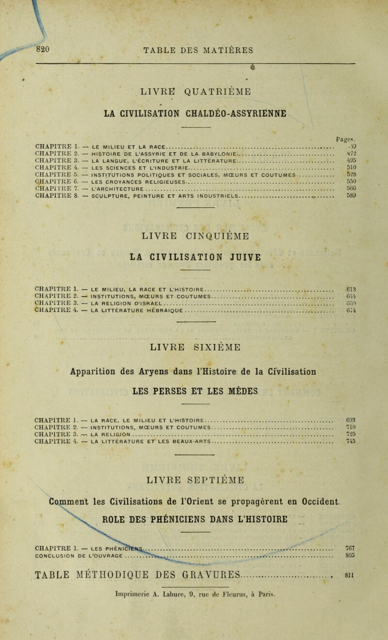 * LIVRE QUATRIÈME LA CIVILISATION CHALDÉO-ASSYRIENNE Pages. CHAPITRE 1. — LE MILIEU ET LA RACE Ô9 CHAPITRE 2. — HISTOIRE DE L’ASSYRIE ET DE LA BABYLONIE 472 CHAPITRE 3. — LA LANGUE, L’ÉCRITURE ET LA LITTÉRATURE 495 CHAPITRE 4. — LES SCIENCES ET L'INDUSTRIE 510 CHAPITRE 5. — INSTITUTIONS POLITIQUES ET SOCIALES, MŒURS ET COUTUMES 528 CHAPITRE 6. — LES CROYANCES RELIGIEUSES 550 CHAPITRE 7. — L’ARCHITECTURE 566 CHAPITRE 8. — SCULPTURE, PEINTURE ET ARTS INDUSTRIELS 589 LIVRE CINQUIÈME LA CIVILISATION JUIVE CHAPITRE 1. — LE MILIEU, LA RACE ET L'HISTOIRE 613 CHAPITRE 2. — INSTITUTIONS, MŒURS ET COUTUMES 644 CHAPITRE 3. — LA RELIGION D’ISRAËL 650 CHAPITRE 4. — LA LITTÉRATURE HÉBRAÏQUE 614 LIVRE SIXIÈME Apparition des Aryens dans l’Histoire de la Civilisation LES PERSES ET LES MÈDES CHAPITRE 1. — LA RACE, LE MILIEU ET L’HISTOIRE 693 CHAPITRE 2. — INSTITUTIONS, MŒURS ET COUTUMES 710 CHAPITRE 3. LA RELIGION 725 CHAPITRE 4. — LA LITTÉRATURE ET LES BEAUX-ARTS 745 LIVRE SEPTIEME Comment les Civilisations de l’Orient se propagèrent en Occident. ROLE DES PHÉNICIENS DANS L’HISTOIRE CHAPITRE 1. — LES PHÉNICI CONCLUSION DE L'OUVRAGE TABLE METHODIQUE DES GRAVURES. Imprimerie A. Lahure, 9, rue de Fleurus, à Paris.