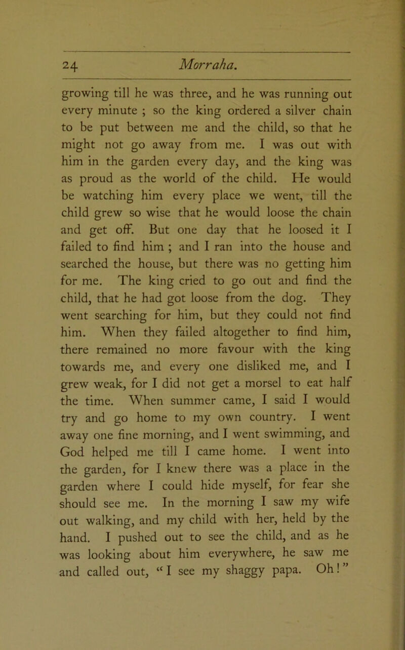 growing till he was three, and he was running out every minute ; so the king ordered a silver chain to be put between me and the child, so that he might not go away from me, I was out with him in the garden every day, and the king was as proud as the world of the child. He would be watching him every place we went, till the child grew so wise that he would loose the chain and get off. But one day that he loosed it I failed to find him ; and I ran into the house and searched the house, but there was no getting him for me. The king cried to go out and find the child, that he had got loose from the dog. They went searching for him, but they could not find him. When they failed altogether to find him, there remained no more favour with the king towards me, and every one disliked me, and I grew weak, for I did not get a morsel to eat half the time. When summer came, I said I would try and go home to my own country. I went away one fine morning, and I went swimming, and God helped me till I came home. I went into the garden, for I knew there was a place in the garden where I could hide myself, for fear she should see me. In the morning I saw my wife out walking, and my child with her, held by the hand, I pushed out to see the child, and as he was looking about him everywhere, he saw me and called out, ‘H see my shaggy papa. Oh!”