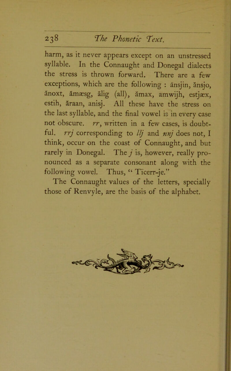 harm, as it never appears except on an unstressed syllable. In the Connaught and Donegal dialects the stress is thrown forward. There are a few exceptions, which are the following : ansjin, ansjo, Snoxt, amassg, alig (all), amax, amwijh, estjsex, estih, Sraan, anisj. All these have the stress on the last syllable, and the final vowel is in every case not obscure, rr, written in a few cases, is doubt- ful. rrj corresponding to llj and nnj does not, I think, occur on the coast of Connaught, and but rarely in Donegal. The j is, however, really pro- nounced as a separate consonant along with the following vowel. Thus, “ Ticerr-je.” The Connaught values of the letters, specially those of Renvyle, are the basis of the alphabet.