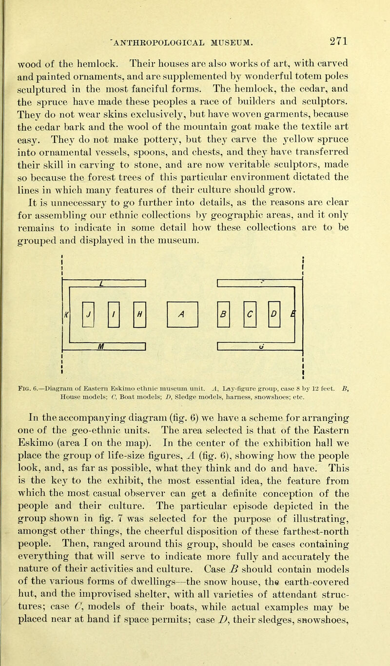 wood of the hemlock. Their houses are also works of art, with carved and painted ornaments, and are supplemented by wonderful totem poles sculptured in the most fanciful forms. The hemlock, the cedar, and the spruce have made these peoples a race of builders and sculptors. They do not wear skins exclusively, but have woven garments, because the cedar bark and the wool of the mountain goat make the textile art easy. They do not make pottery, but they carve the yellow spruce into ornamental vessels, spoons, and chests, and they have transferred their skill in carving to stone, and are now veritable sculptors, made so because the forest trees of this particular environment dictated the lines in which many features of their culture should grow. It is unnecessary to go further into details, as the reasons are clear for assembling our ethnic collections by geographic areas, and it only remains to indicate in some detail how these collections are to be grouped and displayed in the museum. i 1 1 L 1 1 K J Tj p| A B C M I I 7 L U > L Fig. 6.—Diagram <>£ Eastern Eskimo ethnic museum unit. A, Lay-figure group, case 8 by 12 feet. B, House models; C, Boat models; I), Sledge models, harness, snowshoes; etc. In the accompanying diagram (fig. 6) we have a scheme for arranging one of the geo-ethnic units. The area selected is that of the Eastern Eskimo (area I on the map). In the center of the exhibition hall we place the group of life-size figures, A (fig. 6), showing how the people look, and, as far as possible, what they think and do and have. This is the key to the exhibit, the most essential idea, the feature from which the most casual observer can get a definite conception of the people and their culture. The particular episode depicted in the group shown in fig. 7 was selected for the purpose of illustrating, amongst other things, the cheerful disposition of these farthest-north people. Then, ranged around this group, should be cases containing everything that will serve to indicate more fully and accurately the nature of their activities and culture. Case B should contain models of the various forms of dwellings—the snow house, the earth-covered hut, and the improvised shelter, with all varieties of attendant struc- tures; case C', models of their boats, while actual examples may be placed near at hand if space permits; case their sledges, snowshoes,