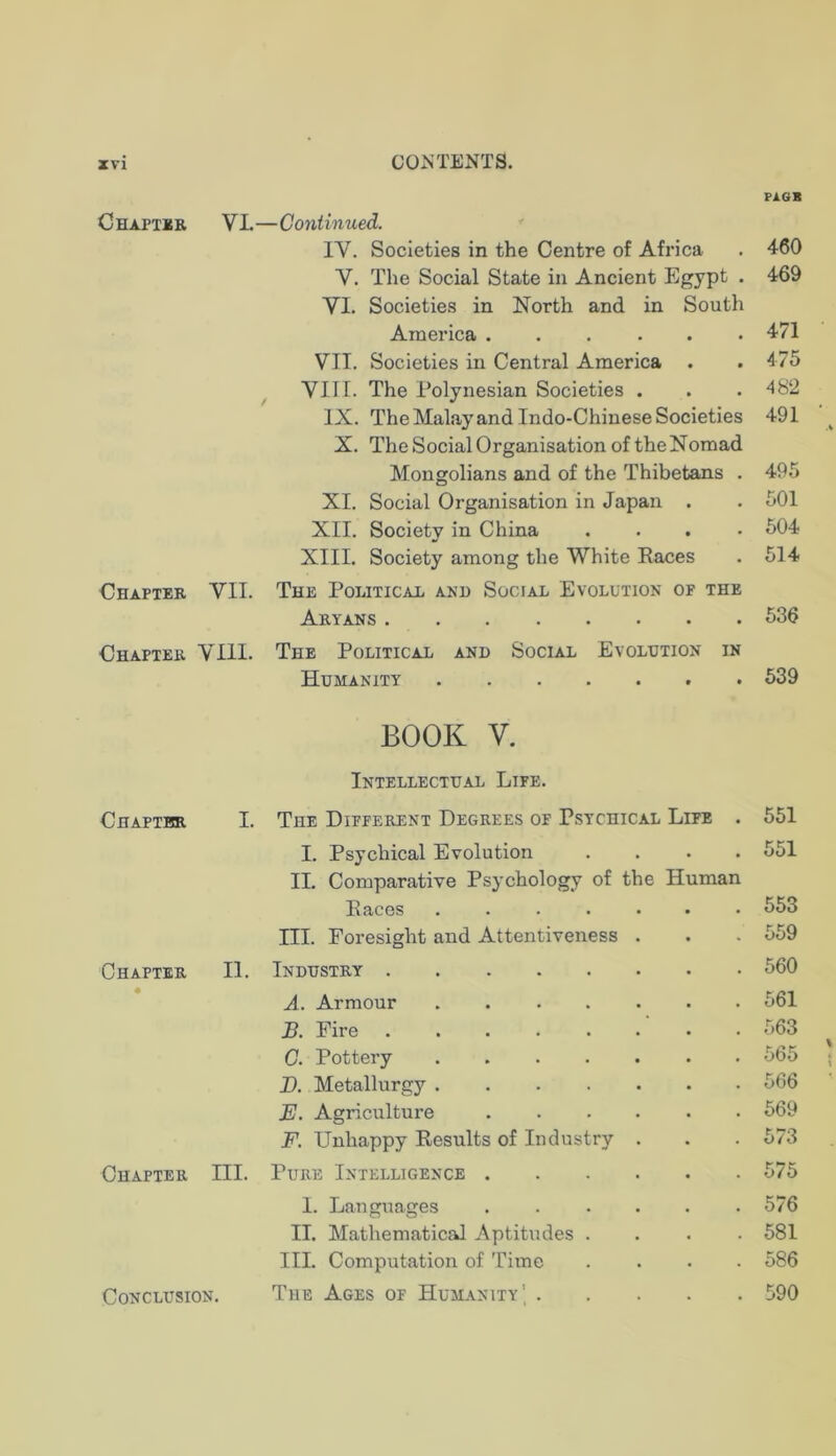 Chapter Chapter Chapter Chapter Chapter « Chapter VL—Continued. IV. Societies in the Centre of Africa V. The Social State in Ancient Egypt . VI. Societies in North and in South America ...... VII. Societies in Central America ^ VIII. The Polynesian Societies . IX. The Malay and Indo-Chinese Societies X. The Social Organisation of the Nomad Mongolians and of the Thibetans . XI. Social Organisation in Japan . XII. Society in China . . . . XIII. Society among the White Eaces VII. The Political anh Social Evolution of the Aryans VIII. The Political and Social Evolution in Humanity BOOK V. Intellectual Life. I. The Different Degrees of Psychical Life . I. Psychical Evolution .... II. Comparative Psychology of the Human Eacos III. Foresight and Attentiveness . II. Industry A. Armour B. Fire C. Pottery D. Metallurgy ....... E. Agriculture F. Unhappy Eesults of Industry . III. Pure Intelligence I. Languages ...... II. Mathematical Aptitudes . . . . III. Computation of Time .... The Ages of Humanity’ PASS 460 469 471 475 482 491 495 501 504 514 536 539 551 551 553 559 560 561 563 565 506 569 573 575 576 581 586 590 Conclusion.