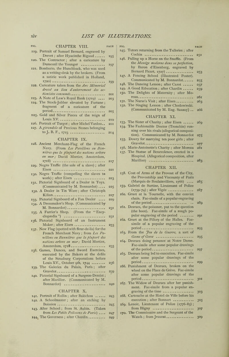 FIG- CHAPTER VIII. pace i 19. Portrait of Samuel Bernard, engraved by Drevet ; after Hyacinthe Rigaud 195 120. The Contractor ; after a caricature by Dumesnil the Younger 197 121. Bombario, the Hunchback, who was used as a writing-desk by the brokers. (From a satiric work published in Holland, 1720) 199 122. Caricature taken from the Arc Memorial dressi au lieu d' enterrement des ac- tionistes consumes 201 123. A Note of Law's Royal Bank (1719) .... 203 124. The Stock-Jobber elevated by Fortune ; fragment of a caricature of the period 205 125. Gold and Silver Pieces of the reign of Louis XV 210 126. Portrait of Turgot; after Michel Vanloo.. 211 127. A girandole of Precious Stones belonging toj, B. F., 1723 214 CHAPTER IX. 128. Ancient Merchant-Flag of the French Navy. (From Les Pavilions ou Ban- nieres que la phifart dcs nations arbore en mer; David Mortier, Amsterdam, 1718) 217 129. Negro Traffic (the sale of a slave) ; after Eisen 221 130. Negro Traffic (compelling the slaves to work); after Eisen 223 131. Pictorial Signboard of a Dealer in Toys. (Communicated by M. Bonnardot) .... 225 132. A Dealer in Tin Ware ; after Christoph Kilian 227 133. Pictorial Signboard of a Fan Dealer .... 229 134. A Dressmaker's Shop. (Communicated by M. Bonnardot) 231 135. A Furrier’s Shop. (From the “ Ency- clopaedia ) 231 136. Pictorial Signboard of an Instrument Maker; after Eisen 233 137. New Flag (spotted with fleur-de-lis) for the French Merchant Navy ; from Les Pa- vilions ou Bannieres que la plupart des nations arbore en mer; David Mortier, Amsterdam, 1718 235 138. Games, Dances, and Sword Exercises, executed by the Bakers at the defile of the Strasburg Corporations before Louis XV., October 9th, 1744 236 139. The Galeries du Palais, Paris ; after Gravelot 239 140. Pictorial Signboard of a Surgeon-Dentist; after Marillier. (Communicated by M. Bonnardot) 240 CHAPTER X. 141. Portrait of Rollin ; after Baldchou 243 142. A Schoolmaster ; after an etching by Boissieu 243 143. After School ; from St. Aubin. (Taken from Les Petits Polissons de Paris') .... 247 i44v The Governess ; after Chardin 249 FIG. PAGE 145. Tutors returning from theTuileries ; after Cochin 251 146. Pulling up a Horse on the Snaffle. (From the Manige moderne dans sa perfection, by Baron d'Eisenberg, engraved by Bernard Picart, 1727) 253 147. A Fencing School (Illustrated Poster). Communicated by M. Bonnardot 235 148. The Dancing Lesson; after Cazot 237 149. A Good Education ; after Chardin 259 130. The Delights of Maternity ; after Mo- reau 261 151. The Nurse's Visit; after Eisen 263 152. The Singing Lesson ; after Chodowieski. (Communicated by M. Eug. Sauzay) .. 266 CHAPTER XI. 153. The Sister of Charity ; after Eisen 269 154. The Fashionable Doctor (Tronchin) run- ning over his rivals (allegorical composi- tion). Communicated by M. Bonnardot 275 153. Dowry for marrying ten poor girls ; after Gravelot 277 156. Marie-Antoinette's Charity ; after Moreau 281 137. The Statue of Benevolence, erected in a Hospital. (Allegorical composition, after Marillier) 283 CHAPTER XII. 138. Coat of Arms of the Provost of the City, the Provostship and Viscounty of Paris (Marquis de Boulainvilliers, 1766) .... 285 139. Gabriel de Sartine, Lieutenant of Police (1759-74); after Vigde 287 160. Gruet at la Tournelle, with the convict chain. Fac-simile of a popular engraving of the period 289 161. Desrues, the poisoner, put to the question (the boot). Fac-simile of a rough po- pular engraving of the period 291 162. Gruet at the Pillory of the Halles. Fac- simile of a popular engraving of the period 293 163. From the Jeu de la Guerre, a sort of Game of Goose 295 164. Desrues doing penance at Notre Dame. Fac-simile after some popular drawings of the period 297 163. Desrues being led to execution. Fac-simile after some popular drawings of the period 299 166. Punishment of Desrues, broken on the wheel on the Place de Gr£ve. Fac-simile after some popular drawings of the period 301 167. The Widow of Desrues after her punish- ment. Fac-simile from a popular en- graving of the time 303 168. Cartouche at the Hotel de Ville before his execution ; after Bonnart 305 169. Lenoir, Lieutenant of Police (1776-85) ; from Bligny 307 170. The Commissaire and the Sergeant of the Watch; fromjeaurat 309