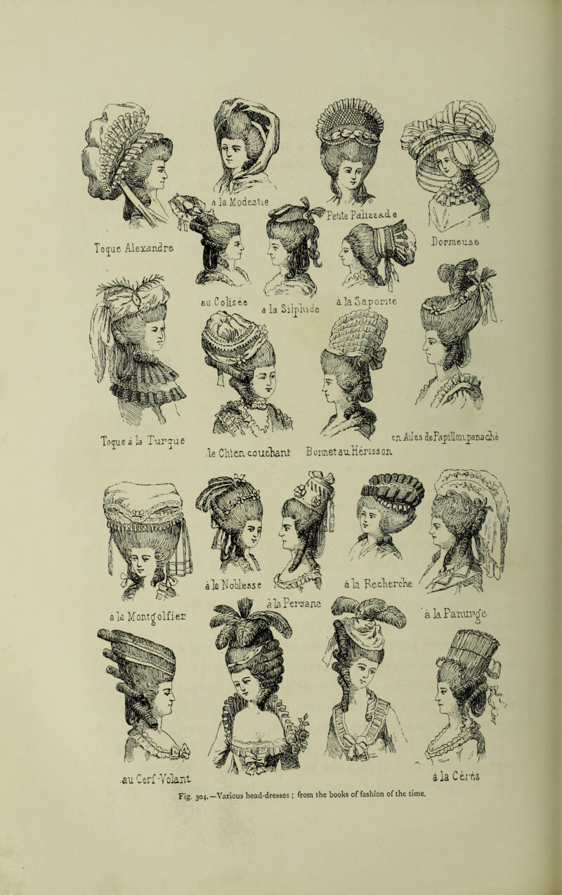 le Chien couchant- B oitnet auHcnss on v«*. a la PI oLLess e ala Recherche ' /f alaPersane a la C eras ■au Cerf -Volant Fig. 304 (t —Various head-dresses ; from the books of fashion of the time.