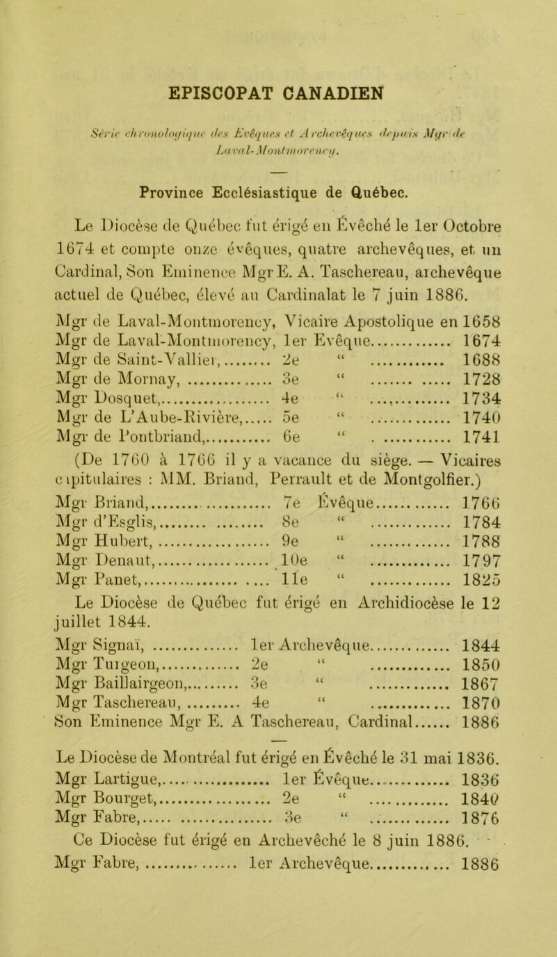 EPISCOPAT CANADIEN Sei'ii' rh ruiuilmjiiiHC ili'.s J ù'êi/iic.'i d A rclici'êqiu’x di’iinix Myr lie Litml-Moii/vifimirii. Province Ecclésiastique de Québec. Le Diocèse de Québec fut érigé en Evêché le 1er Octobre 1674 et compte onze évêques, quatre archevêq lies, et un Cardinal, Son Eminence MgrE. A. Taschereau, archevêque actuel de Québec, élevé au Cardinalat le 7 juin 1886. Mgr de Laval-Montmorency, Vicaire Apostolique en 1658 Mgr de Laval-Montmon 3iicy, 1er Evêque 1674 Mgr de Saint-Valliei,... 2e “ .... 1688 Mgr de Mornay, 1728 Mgr Dosquet, 1734 Mgr de L’Aube-Eivière 1740 Mgr de l’ontbriand, 1741 (De 1760 à 1766 il y a vacance du siège. - — Vicaires cipitulaires : MM. Briand, Perrault et de Mont golfier.) Mgr Briand, 1766 Mgr d’Esglis .... 8e “ 1784 Mgr Hubert, 1788 Mgr Denaut,.. 10e “ 1797 Mgr Panet, 1825 Le Diocèse de Québec fut érigé en Archidiocèse le 12 juillet 1844. Mgr Signai, 1er Archevêque 1844 Mgr Tuigeou, 2e “ .... 1850 Mgr Baillairgeon, 3e “ 1867 Mgr Taschereau, 4e “ 1870 Son Eminence Mgr E. A Taschereau, Cardinal., 1886 Le Diocèse de Montréal fut érigé en Évêché le 31 mai 1836. Mgr Lartigue, 1836 Mgr Bourget, 2e “ .... 1840 Mgr Fabre, 1876 Ce Diocèse fut érigé en Archevêché le 8 juin 1886. • Mgr Fabre, 1er Archevêque 1886