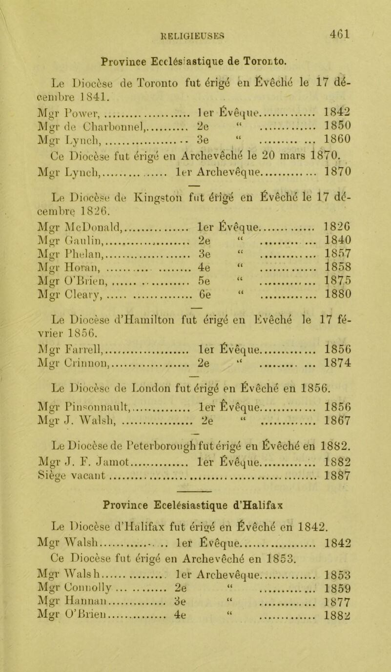 Province Ecclésiastique de Tororto. Le Diocèse de Toronto fut érigé eu Évêclié le 17 dé- cenibre 1S41. Mgr ro\v(‘v, .... 1842 ]\lgr de Cliarbonnel, 2e “ 1850 ]\Igr J.yncli, ... 1860 Ce Diocèse fut érigé en Archevêché le 20 mars 1870. Mgr Lynch, . 1er Archevêque 1870 Le Diocèse de Kingston fut érigé en Évêché le 17 dé- cembre 1826. Mgr McDonald, 1826 Altn’ Crmlin, 2e “ , ... 1840 Mgr riielan, 3e “ 1857 ]\Ior Horan 4e “ 1858 O ' Mgr O’Brien, .... 1875 !Mgr Clearv 6e “ 1880 Le Diocèse d’Hamilton fut érigé en Evêché le 17 fé- vrier 1856. Mgr Farrell, .... 1856 Mgr Crinnon 2e “ ... 1874 Le Diocèse de London fut érigé en Évêché en 1856. Mgr Piiisonnault, .... 1856 Mgr J. Walsh, O ' 2e “ 1867 Le Diocèse de Peterborough fut érigé en Évêché en 1882. Mgr J. F. Jamot .... 1882 Siège vacant 1887 Province Ecclésiastique d’Halifax Le Diocèse d’Halifax fut érigé en Évêché en 1842. Mgr Walsh ,. 1er Évêque 1842 Ce Diocèse fut érigé O en Archevêché en 1853. Mgr Walsh , 1er Archevêque 1853 Mgr Coiiiiollv . 2e “ .... 1859 Mgr Haniian . 3e “ .... 1877 Mgr U’Brien . 4e “ 1882