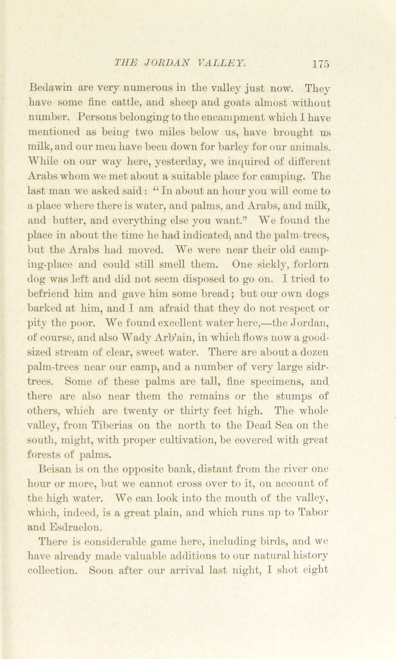 Beclawiu are very numerous in the valley just now. They have some fine cattle, and sheep and goats almost without number. Persons belonging to the encampment which I have mentioned as being two miles below us, have brought us milk, and our men have been down for barley for our animals. While on our way here, yesterday, we inquired of different Arabs whom we met about a suitable place for camping. The last man we asked said: u In about an hour you will come to a place where there is water, and palms, and Arabs, and milk, and butter, and everything else you want.” We found the place in about the time he had indicated-, and the palm-trees, but the Arabs had moved. We were near them old camp- ing-place and could still smell them. One sickly, forlorn dog was left and did not seem disposed to go on. I tried to befriend him and gave him some bread; but our own dogs barked at him, and I am afraid that they do not respect or pity the poor. We found excellent water here,—the Jordan, of course, and also Wady Arb’ain, in which flows now a good- sized stream of clear, sweet water. There are about a dozen palm-trees near our camp, and a number of very large sidr- trees. Some of these palms are tall, fine specimens, and there are also near them the remains or the stumps of others, which are twenty or thirty feet high. The whole valley, from Tiberias on the north to the Dead Sea on the south, might, with proper cultivation, be covered with great forests of palms. Beisan is on the opposite bank, distant from the river one hour or more, but we cannot cross over to it, on account of the high water. We can look into the mouth of the valley, which, indeed, is a great plain, and which runs up to Tabor and Esdraelon. There is considerable game here, including birds, and we have already made valuable additions to our natural history collection. Soon after our arrival last night, I shot eight