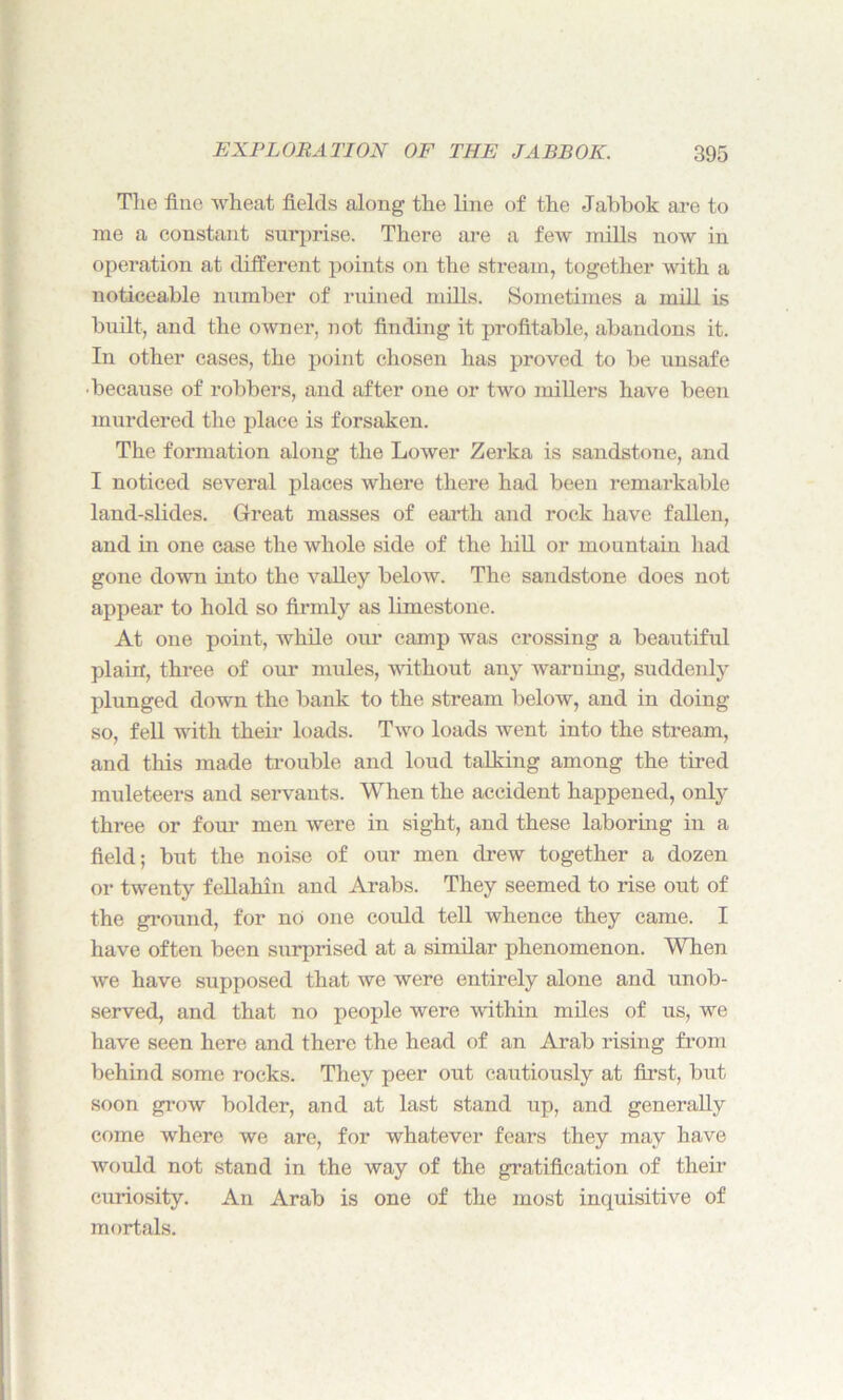 The fine wheat fields along the line of the Jabbok are to me a constant surprise. There are a few mills now in operation at different points on the stream, together with a noticeable number of ruined mills. Sometimes a mill is built, and the owner, not finding it profitable, abandons it. In other cases, the point chosen has proved to be unsafe ■because of robbers, and after one or two millers have been murdered the place is forsaken. The formation along the Lower Zerka is sandstone, and I noticed several places where there had been remarkable land-slides. Great masses of earth and rock have fallen, and in one case the whole side of the hill or mountain had gone down into the valley below. The sandstone does not appear to hold so firmly as limestone. At one point, while our camp was crossing a beautiful plain, three of our mules, without any warning, suddenly plunged down the bank to the stream below, and in doing so, fell with their loads. Two loads went into the stream, and this made trouble and loud talking among the tired muleteers and servants. When the accident happened, only three or four men were in sight, and these laboring in a field; but the noise of our men drew together a dozen or twenty feUahin and Arabs. They seemed to rise out of the ground, for no one could tell whence they came. I have often been surprised at a similar phenomenon. When we have supposed that we were entirely alone and unob- served, and that no people were within miles of us, we have seen here and there the head of an Arab rising from behind some rocks. They peer out cautiously at first, but soon grow bolder, and at last stand up, and generally come where we are, for whatever fears they may have would not stand in the way of the gratification of their curiosity. An Arab is one of the most inquisitive of mortals.