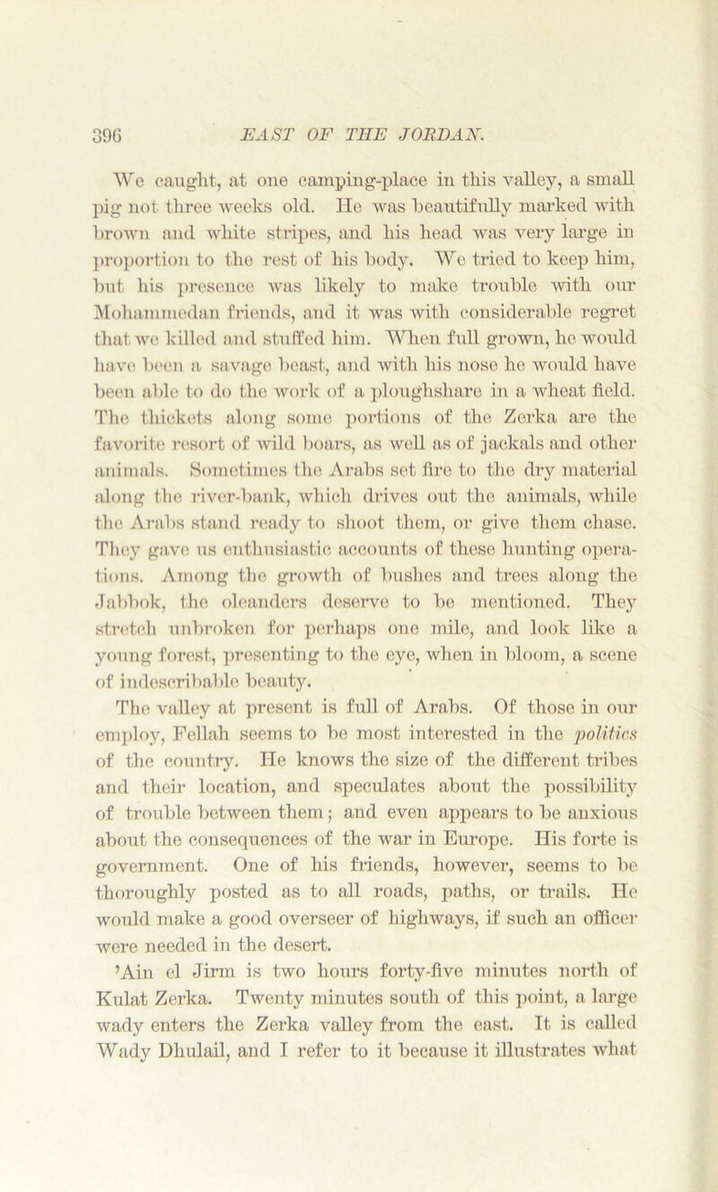 We caught, at one camping-place in this valley, a small pig not three weeks old. He was beautifully marked with brown and white stripes, and his head was very large in proportion to the rest of his body. We tried to keep him, but his presence was likely to make trouble with our Mohammedan friends, and it was with considerable regret that we killed and stuffed him. When full grown, he would have been a savage beast, and with his nose he would have been able to do the work of a ploughshare in a wheat field. 'Idie thickets along some portions of the Zerka are the favorite resort of wild boars, as well as of jackals and other animals. Sometimes Ihe Arabs set fire to the dry material along the river-bank, which drives out the animals, while the Arabs stand ready to shoot them, or give them chase. They gave us enthusiastic accounts of these hunting opera- tions. Among the growth of bushes and trees along the Jabbok, the oleanders deserve to be mentioned. They stretch unbroken for perhaps one mile, and look like a young forest, presenting to the eye, when in bloom, a scene of indescribable beauty. The valley at present is full of Arabs. Of those in our employ, Fellah seems to be most interested in the politics of the country. He knows the size of the different tribes and their location, and speculates about the possibility of trouble between them; and even appears to be anxious about the consequences of the war in Europe. His forte is government. One of his friends, however, seems to be thoroughly posted as to all roads, paths, or trails. He would make a good overseer of highways, if such au officer were needed in the desert. ’Ain el Jirm is two hours forty-five minutes north of Kulat Zerka. Twenty minutes south of this point, a large wady enters the Zerka valley from the east. It is called Wady Dhulail, and I refer to it because it illustrates what