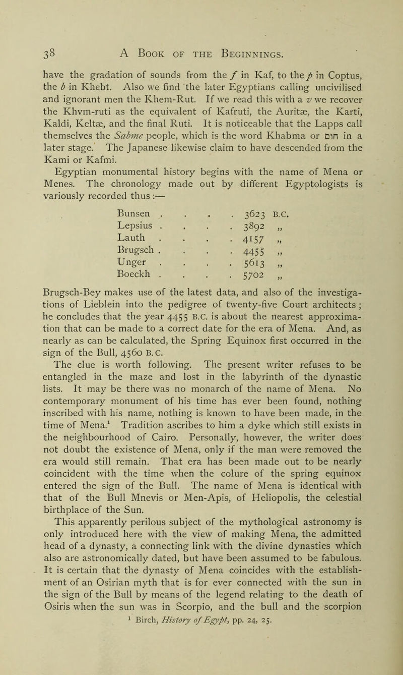 have the gradation of sounds from the f in Kaf, to the / in Coptus, the b in Khebt. Also we find the later Egyptians calling uncivilised and ignorant men the Khem-Rut. If we read this with a v we recover the Khvm-ruti as the equivalent of Kafruti, the Auritae, the Karti, Kaldi, Keltae, and the final Ruti. It is noticeable that the Lapps call themselves the Sabme people, which is the word Khabma or cm in a later stage. The Japanese likewise claim to have descended from the Kami or Kafmi. Egyptian monumental history begins with the name of Mena or Menes. The chronology made out by different Egyptologists is variously recorded thus :— Bunsen . • 3623 B.C Lepsius . . 3892 )> Lauth • 4157 >> Brugsch . • 4455 Unger • 5613 >y Boeckh . • 5702 )> Brugsch-Bey makes use of the latest data, and also of the investiga- tions of Lieblein into the pedigree of twenty-five Court architects ; he concludes that the year 4455 B.C. is about the nearest approxima- tion that can be made to a correct date for the era of Mena. And, as nearly as can be calculated, the Spring Equinox first occurred in the sign of the Bull, 4560 B.C. The clue is worth following. The present writer refuses to be entangled in the maze and lost in the labyrinth of the dynastic lists. It may be there was no monarch of the name of Mena. No contemporary monument of his time has ever been found, nothing inscribed with his name, nothing is known to have been made, in the time of Mena.1 Tradition ascribes to him a dyke which still exists in the neighbourhood of Cairo. Personally, however, the writer does not doubt the existence of Mena, only if the man were removed the era would still remain. That era has been made out to be nearly coincident with the time when the colure of the spring equinox entered the sign of the Bull. The name of Mena is identical with that of the Bull Mnevis or Men-Apis, of Heliopolis, the celestial birthplace of the Sun. This apparently perilous subject of the mythological astronomy is only introduced here with the view of making Mena, the admitted head of a dynasty, a connecting link with the divine dynasties which also are astronomically dated, but have been assumed to be fabulous. It is certain that the dynasty of Mena coincides with the establish- ment of an Osirian myth that is for ever connected with the sun in the sign of the Bull by means of the legend relating to the death of Osiris when the sun was in Scorpio, and the bull and the scorpion 1 Birch, History of Egypt, pp. 24, 25.