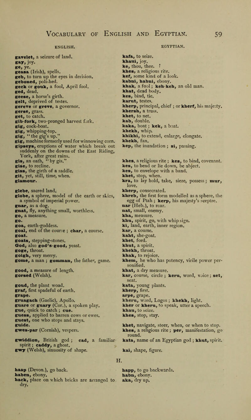 ENGLISH. gavelet, a seizure of land, gay, joy. se, ye. geasa (Irish), spells. geb, to turn up the eyes in derision. geboned, polished. geek or gouk, a fool, April fool. ged, dead. geese, a horse’s girth, gelt, deprived of testes. gereve or greve, a governor, gerse, grass, get, to catch. gib-fork, two-pronged harvest fork, gig, cock-boat, gig, whipping-top. gig, “ the gig’s up.” gig, machine formerly used for winnowing corn, gipseys, eruptions of water which break out suddenly on the downs of the East Riding, York, after great rains. gis, an oath, “by gis.” gise, to recline. giss, the girth of a saddle. git, yet, still, time, when, glamour. glebe, sacred land. globe, a sphere, model of the earth or skies, a symbol of imperial power, gnar, as a dog. gnat, fly, anything small, worthless, go, a measure. go. goa, earth-goddess. goal, end of the course ; char, a course, goat. goats, stepping-stones. God, also god's-good, yeast, goge, throat, goigh, very merry. gome, a man ; gomman, the father, game. good, a measure of length, gorsed (Welsh). goud, the plant woad. graf, first spadeful of earth. grape. gruagach (Gaelic), Apollo. guare or guary (Cor.), a spoken play. gue, quick to catch ; cue. guess, applied to barren cows or ewes. guest, one who stops and stays. guide. gwes-par (Cornish), vespers. gwiddion, British god ; cad, a familiar spirit; caddy, a ghost, gwy (Welsh), sinuosity of shape. EGYPTIAN. kafa, to seize, khaui, joy. ke, thou, thee. 1 khes, a religious rite, kef, some kind of a look, kabni, habni, ebony. khak, a fool; keh-keh, an old man. khat, dead body, kes, bind, tie. karut, testes. kherp, principal, chief ; orkherf, his majesty, khersh, a truss. khet, to net. kab, double. kaka, boat; kek, a boat, khekh, whip. khikhi, to extend, enlarge, elongate, khekh, fan. kep, the inundation ; si, passing. khes, a religious rite ; kes, to bind, covenant, kes, to bend or lie down, be abject. kes, to envelope with a band. khet, stop, when. kra, to lay hold, take, sieze, possess; mur, love. kherp, consecrated. khreb, the first form modelled as a sphere, the egg of Ptah ; kerp, his majesty’s sceptre, nar (Heb.), to rear, nat, small, enemy, kha, measure. khu, spirit, go, with whip sign. ki, land, earth, inner region. kar, a course. kaht, she-goat. khet, ford. khut, a spirit. khekh, throat. khak, to rejoice. khem, he who has potency, virile power per- sonified. khat, a dry measure. kar, course, circle ; keru, word, voice; set, seat. kata, young plants, kherp, first, arpe, grape. kheru, word, Logos ; khekh, light, kher or kheru, to speak, utter a speech. khau, to seize. khes, stop, stay. khet, navigate, steer, when, or when to stop, khes, a religious rite ; per, manifestation, go round. kata, name of an Egyptian god ; khut, spirit, kai, shape, figure. H. haap (Devon.), go back. happ, to go backwards, haben, ebony. habn, ebony, hack, place on v.hich bricks are arranged to aka, dry up. dry.