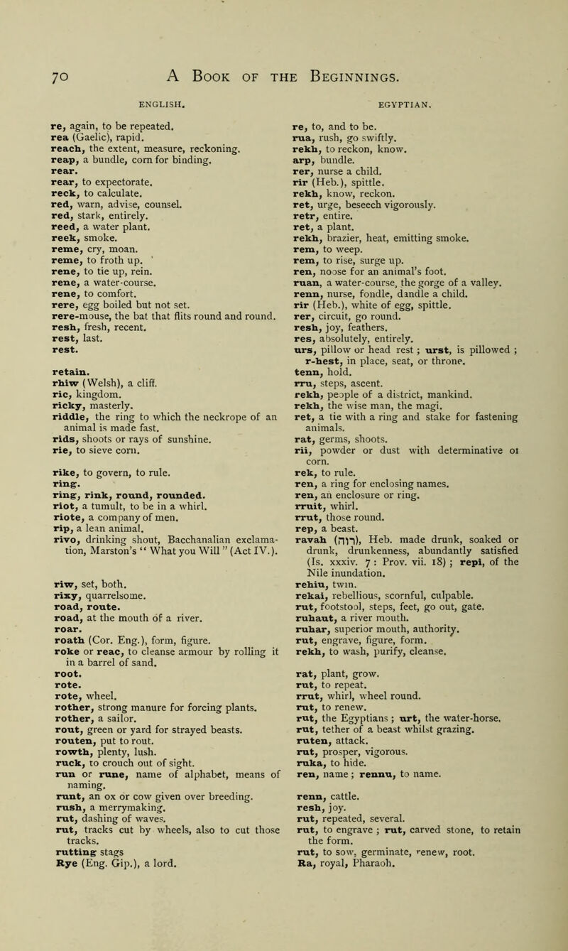 ENGLISH. re, again, to be repeated, rea (Gaelic), rapid. reach, the extent, measure, reckoning, reap, a bundle, com for binding. rear. rear, to expectorate. reck, to calculate. red, warn, advise, counsel. red, stark, entirely. reed, a water plant. reek, smoke. reme, cry, moan. reme, to froth up. rene, to tie up, rein. rene, a water-course. rene, to comfort. rere, egg boiled but not set. rere-mouse, the bat that flits round and round. resh, fresh, recent. rest, last. rest. retain. rhiw (Welsh), a cliff, ric, kingdom, ricky, masterly. riddle, the ring to which the neckrope of an animal is made fast, rids, shoots or rays of sunshine, rie, to sieve corn. rike, to govern, to rule. ring. ring, rink, round, rounded, riot, a tumult, to be in a whirl, riote, a company of men. rip, a lean animal. rivo, drinking shout, Bacchanalian exclama- tion, Marston’s “ What you Will ” (Act IV.). riw, set, both, rixy, quarrelsome. road, route. road, at the mouth of a river. roar. roath (Cor. Eng.), form, figure, roke or reac, to cleanse armour by rolling it in a barrel of sand. root. rote. rote, wheel. rother, strong manure for forcing plants, rother, a sailor. rout, green or yard for strayed beasts, routen, put to rout, rowth, plenty, lush, ruck, to crouch out of sight, run or rune, name of alphabet, means of naming. runt, an ox or cow given over breeding, rush, a merrymaking, rut, dashing of waves. rut, tracks cut by wheels, also to cut those tracks. rutting stags Rye (Eng. Gip.), a lord. EGYPTIAN. re, to, and to be. rua, rush, go swiftly. rekh, to reckon, know. arp, bundle. rer, nurse a child. rir (Heb.), spittle. rekh, know, reckon. ret, urge, beseech vigorously. retr, entire. ret, a plant. rekh, brazier, heat, emitting smoke, rem, to weep. rem, to rise, surge up. ren, noose for an animal’s foot. ruan, a water-course, the gorge of a valley, renn, nurse, fondle, dandle a child, rir (Heb.), white of egg, spittle. rer, circuit, go round, resh, joy, feathers. res, absolutely, entirely. urs, pillow or head rest; urst, is pillowed ; r-hest, in place, seat, or throne, tenn, hold, rru, steps, ascent. rekh, people of a district, mankind, rekh, the wise man, the magi. ret, a tie with a ring and stake for fastening animals. rat, germs, shoots. rii, powder or dust with determinative oi corn. rek, to rule. ren, a ring for enclosing names, ren, an enclosure or ring, rruit, whirl, rrut, those round, rep, a beast. ravah (nil), Heb. made drunk, soaked or drunk, drunkenness, abundantly satisfied (Is. xxxiv. 7 : Prov. vii. 18) ; repi, of the Nile inundation, rehiu, twin. rekai, rebellious, scornful, culpable, rut, footstool, steps, feet, go out, gate, ruhaut, a river mouth, ruhar, superior mouth, authority, rut, engrave, figure, form, rekh, to wash, purify, cleanse. rat, plant, grow, rut, to repeat, rrut, whirl, wheel round, rut, to renew. rut, the Egyptians ; urt, the water-horse. rut, tether of a beast whilst grazing. ruten, attack. rut, prosper, vigorous. ruka, to hide. ren, name ; rennu, to name. renn, cattle, resh, joy. rut, repeated, several. rut, to engrave ; rut, carved stone, to retain the form. rut, to sow, germinate, renew, root. Ra, royal, Pharaoh.