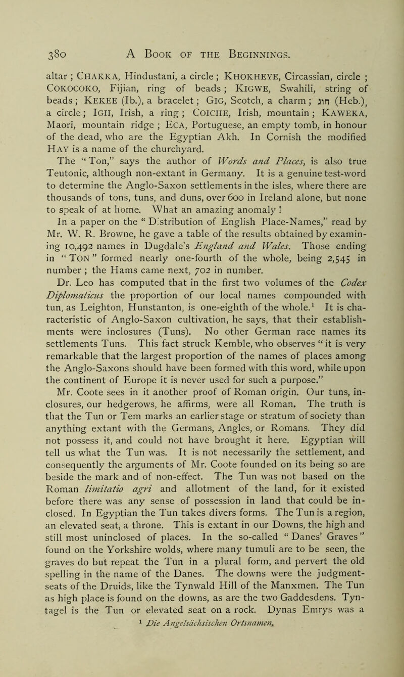 altar ; CHAKKA, Hindustani, a circle; Khokheye, Circassian, circle ; COKOCOKO, Fijian, ring of beads ; KlGWE, Swahili, string of beads ; Kekee (lb.), a bracelet; Gig, Scotch, a charm ; Jin (Heb.); a circle; IGH, Irish, a ring ; CoiCHE, Irish, mountain ; KAWEKA, Maori, mountain ridge ; Eca, Portuguese, an empty tomb, in honour of the dead, who are the Egyptian Akh. In Cornish the modified Hay is a name of the churchyard. The “Ton,” says the author of Words and Places, is also true Teutonic, although non-extant in Germany. It is a genuine test-word to determine the Anglo-Saxon settlements in the isles, where there are thousands of tons, tuns, and duns, over 600 in Ireland alone, but none to speak of at home. What an amazing anomaly ! In a paper on the “ Distribution of English Place-Names,” read by Mr. W. R. Browne, he gave a table of the results obtained by examin- ing 10,492 names in Dugdale’s England and Wales. Those ending in “ Ton ” formed nearly one-fourth of the whole, being 2,545 in number ; the Hams came next, 702 in number. Dr. Leo has computed that in the first two volumes of the Codex Diplomatics the proportion of our local names compounded with tun, as Leighton, Hunstanton, is one-eighth of the whole.1 It is cha- racteristic of Anglo-Saxon cultivation, he says, that their establish- ments were inclosures (Tuns). No other German race names its settlements Tuns. This fact struck Kemble, who observes “it is very remarkable that the largest proportion of the names of places among the Anglo-Saxons should have been formed with this word, while upon the continent of Europe it is never used for such a purpose.” Mr. Coote sees in it another proof of Roman origin. Our tuns, in- closures, our hedgerows, he affirms, were all Roman. The truth is that the Tun or Tern marks an earlier stage or stratum of society than anything extant with the Germans, Angles, or Romans. They did not possess it, and could not have brought it here. Egyptian will tell us what the Tun was. It is not necessarily the settlement, and consequently the arguments of Mr. Coote founded on its being so are beside the mark and of non-effect. The Tun was not based on the Roman limitatio agri and allotment of the land, for it existed before there was any sense of possession in land that could be in- closed. In Egyptian the Tun takes divers forms. The Tun is a region, an elevated seat, a throne. This is extant in our Downs, the high and still most uninclosed of places. In the so-called “Danes’ Graves” found on the Yorkshire wolds, where many tumuli are to be seen, the graves do but repeat the Tun in a plural form, and pervert the old spelling in the name of the Danes. The downs were the judgment- seats of the Druids, like the Tynwald Hill of the Manxmen. The Tun as high place is found on the downs, as arc the two Gaddesdens. Tyn- tagel is the Tun or elevated seat on a rock. Dynas Emrys was a 1 Die A ngehdchsischen Orts7iamen,