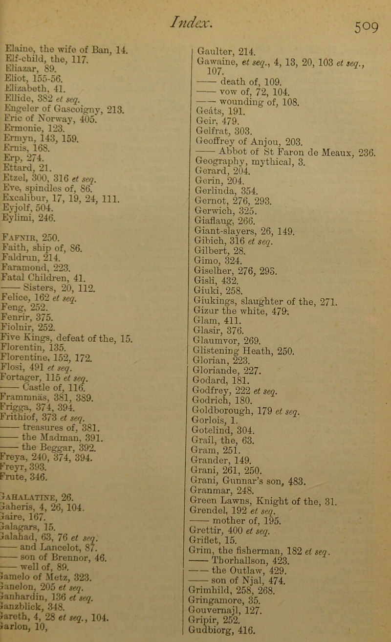 509 Elaine, the wife of Ban, 14. Elf-child, the, 117. Eliazar, 89. Eliot, 155-56. Elizabeth, 41. Ellide, 3S2 et seq. Engel er of Gascoigny, 213. Eric of Norway, 405* Ermonie, 123. Ermyn, 143, 159. Ernis, 168. Erp, 274. Ettard, 21. Etzel, 300, 316 et seq. Eve, spindles of, S6. Excalibur, 17, 19, 24, 111. Eyjolf, 504. Eylimi, 246. Fafnib, 250. Faith, ship of, 86. Faldrun, 214. Faramond, 223. Fatal Children, 41. Sisters, 20, 112. Felice, 162 et seq. Feng, 252. Fenrir, 375. Fiolnir, 252. Five Kings, defeat of the, 15. Florentin, 135. Florentine, 152, 172. Flosi, 491 et seq. Fortager, 115 et seq. Castle of, 116. Frammnas, 381, 389. Frigga, 374, 394. Frithiof, 373 et seq. treasures of, 381. the Madman, 391. the Beggar, 392. Freya, 240, 374, 394. Freyr, 393. Frute, 346. tahalattne, 26. jaheris, 4, 26, 104. iaire, 167. lalagars, 15. ialahad, 63, 76 et seq. and Lancelot, 87. son of Brennor, 46. well of, 89. Jamelo of Metz, 323. lane Jon, 205 et seq. lanhardin, 136 et seq. Janzblick, 348. Jareth, 4, 28 et seq., 104. iarlon, 10, Gaulter, 214. Gawaine, et seq., 4, 13, 20, 103 et seq., 107. death of, 109. vow of, 72, 104. wounding of, 108. Geats, 191. Geir, 479. Gelfrat, 303. Geoffrey of Anjou, 203. Abbot of St Faron de Meaux, 236. Geography, mythical, 3. Gerard, 204. Gorin, 204. Gerlinda, 354. Gernot, 276, 293. Gerwich, 325. Giaflaug, 266. Giant-slayers, 26, 149. Gibich, 316 et seq. Gilbert, 28. Gimo, 324. Giselher, 276, 29S. Gisli, 432. Giuki, 258. Giukings, slaughter of the, 271. Gizur the white, 479; Glam, 411. Glasir, 376. Glaumvor, 269. Glistening Heath, 250. Glorian, 223. Gloriande, 227. Godard, 181. Godfrey, 222 et seq. Godrich, 180. Goldborough, 179 et seq. Gorlois, 1. Gotelind, 304. Grail, the, 63. Gram, 251. Grander, 149. Grani, 261, 250. Grani, Gunnar’s son, 483. Granmar, 248. Green Lawns, Knight of the, 31. Grendel, 192 et seq. mother of, 195. Grettir, 400 et seq. Griflet, 15. Grim, the fisherman, 182 et seq. Tborhallson, 423. the Outlaw, 429. son of Njal, 474. Grimhild, 258, 268. Gringamore, 35. Gouvemajl, 127. Gripir, 252. Gudbiorg, 416.