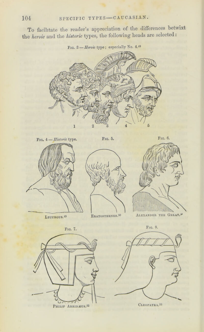 To facilitate the reader’s appreciation of the differences betwixt the heroic and the historic types, the following heads are selected: Fig. 3—Heroic type; especially No. 4.49 Fig. 4 — Historic type. Fig. 5. Fig. 6. Lycurgus.49 Eratosthenes.50 Alexander the Great.5* Fig. 7. Fig. 8.