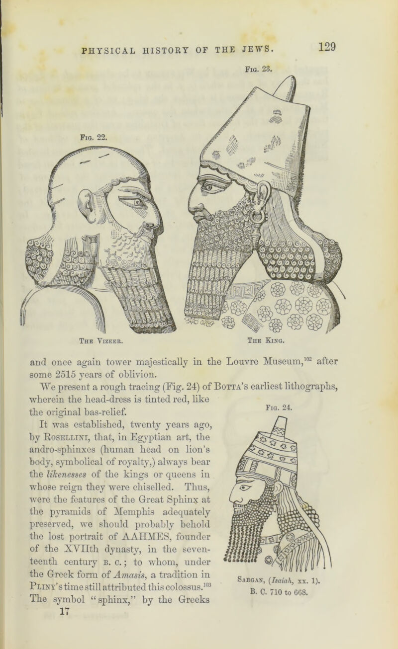 Fia. 23. 129 The Vizeer. The King. and once again tower majestically in tlie Louvre Museum,102 after some 2515 years of oblivion. V We present a rough tracing (Fig. 24) of Botta’s earliest lithographs, wherein the head-dress is tinted red, like the original bas-relief. It was established, twenty years ago, hv Rosellini, that, in Egyptian art., the andro-sphinxes (human head on lion’s body, symbolical of royalty,) always hear the likenesses of the kings or queens in whose reign they were chiselled. Thus, were the features of the Great Sphinx at the pyramids of Memphis adequately preserved, we should probably behold the lost portrait of AAIIMES, founder of the XVIIth dynasty, in the seven- teenth century b. c. ; to whom, under the Greek form of Amasis, a tradition in Pliny’s time still attributed this colossus.103 The symbol “ sphinx,” by the Greeks 17 Fig. 24. S-aroan, (Tsaiah, xx. 1). B. C. 710 to 608.