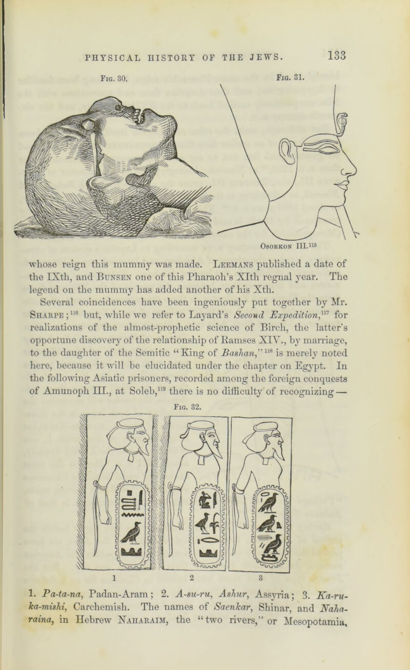 Fig. 30. Fig. 31. OSORKON III.115 whose reign this mummy was made. Leemans published a date of the IXth, and Bunsen one of this Pharaoh’s Xlth regnal year. The legend on the mummy has added another of his Xth. Several coincidences have been ingeniously put together by Mr. SnARPE;116 but, while we refer to Layard’s Second Expedition,117 for realizations of the almost-prophetic science of Birch, the latter’s opportune discovery of the relationship of Ramses XIV., by marriage, to the daughter of the Semitic “King of Bashan,”118 is merely noted here, because it will be elucidated under the chapter on Egypt. In the following Asiatic prisoners, recorded among the foreign conquests of Amunoph III., at Soleb,119 there is no difficulty of recognizing — Fig. 32. 1. Pa-ta-na, Padan-Aram ; 2. A-su-ru, Ashur, Assyria ; 3. Ka-rv- Jca-mishi, Carchemish. The names of Saenkar, Shinar, and Naha- raina, in Hebrew Hah ar aim, the “ two rivers,” or Mesopotamia,