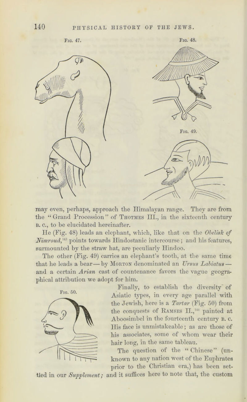 Fia. 47. Fig. 48. may even, perhaps, approach the Himalayan range. They are from the “Grand Procession” of Thotmes III., in the sixteenth century b. c., to be elucidated hereinafter. lie (Fig. 48) leads an elephant, which, like that on the Obelisk of Nimroud,“:i points towards Idindostanic intercourse ; and his features, surmounted by the straw hat, are peculiarly Hindoo. The other (Fig. 49) carries an elephant’s tooth, at the same time that he leads a bear—by Morton denominated an Ursus Labiatus— and a certain Arian cast of countenance favors the vague geogra- phical attribution we adopt for him. Finally, to establish the diversity of Asiatic types, in every age parallel with the Jewish, here is a Tartar (Fig. 50) from the conquests of Ramses IT.,144 painted at Aboosimbel in the fourteenth century b. c. His face is unmistakeable; as are those of his associates, some of whom wear their hair long, in the same tableau. The question of the “Chinese” (un- known to any nation west of the Euphrates prior to the Christian era,) has been set- tled in our Supplement; and it suffices here to note that, the custom Fig. 50.