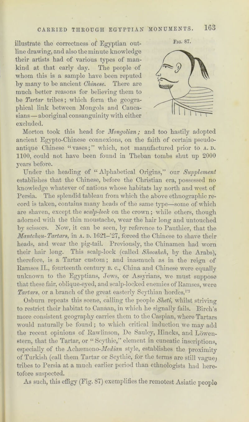illustrate the correctness of Egyptian out- line drawing, and also the minute knowledge their artists had of various types of man- kind at that early day. The people of whom this is a sample have been reputed by many to be ancient Chinese. There are much better reasons for believing them to be Tartar tribes; which form the geogra- phical link between Mongols and Cauca- sians— aboriginal consanguinity with either excluded. Morton took this head for Mongolian; and too hastily adopted ancient Egypto-Chinese connexions, on the faith of certain pseudo- antique Chinese “vases;” which, not manufactured prior to a. d. 1100, could not have been found in Theban tombs shut up 2000 years before. Under the heading of “Alphabetical Origins,” our Supplement establishes that the Chinese, before the Christian era, possessed no knowledge whatever of nations whose habitats lay north and west of Persia. The splendid tableau from which the above ethnographic re- cord is taken, contains many heads of the same type—some of which are shaven, except the scalp-loch on the crown; while others, though adorned with the thin moustache, wear the hair long and untouched by scissors. Uow, it can be seen, by reference to Pauthier, that the Mantchou-Tartars, in a. d. 1621-’27, forced the Chinese to shave their heads, and wear the pig-tail. Previously, the Chinamen had worn their hair long. This scalp-lock (called Shoosheli, by the Arabs), therefore, is a Tartar custom; and inasmuch as in the reign of Ramses IT., fourteenth century b. c., China and Chinese were equally unknown to the Egyptians, Jews, or Assyrians, we must suppose that these fair, oblique-eyed, and scalp-locked enemies of Ramses, were Tartars, or a branch of the great easterly Scythian hordes.1'2 Osburn repeats this scene, calling the people Sheti, whilst striving to restrict their habitat to Canaan, in which he signally fails. Birch’s more consistent geography carries them to the Caspian, where Tartars would naturally be found; to which critical induction we may add the recent opinions of Rawlinson, De Saulcy, Hi neks, and Lowen- stern, that the Tartar, or “ Scythic,” element in cuneatic inscriptions, especially of the Achtemeno-ilAfAVm style, establishes the proximity of Turkish (call them Tartar or Scythic, for the terms are still vague; tribes to Persia at a much earlier period than ethnologists had here- tofore suspected. As such, this effigy (Fig. 87) exemplifies the remotest Asiatic people