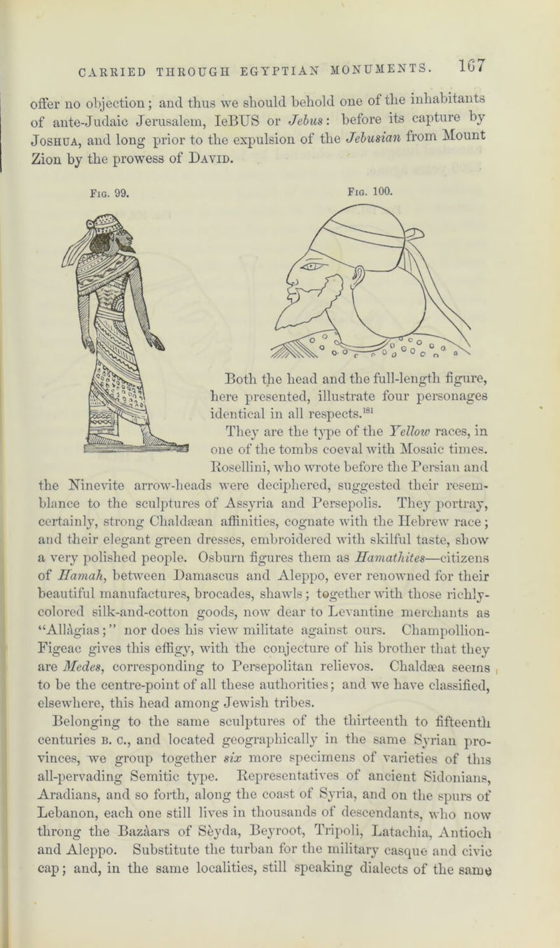 offer no objection; and thus we should behold one of the inhabitants of ante-Judaic Jerusalem, IeBUS or Jehus: before its capture by Joshua, and long prior to the expulsion of the Jehusian from Mount Zion by the prowess of David. Fig. 99. Fig. 100. Both the head and the full-length figure, here presented, illustrate four personages identical in all respects.181 They are the type of the Yellow races, in one of the tombs coeval with Mosaic times. Rosellini, who wrote before the Persian and the jNmevite arrow-heads were deciphered, suggested their resem- blance to the sculptures of Assyria and Persepolis. They portray, certainly, strong Chaldaean affinities, cognate with the Hebrew race; and their elegant green dresses, embroidered with skilful taste, show a very polished people. Osburn figures them as Ilamathites—citizens of Hamah, between Damascus and Aleppo, ever renowned for their beautiful manufactures, brocades, shawls; together with those richly- colored silk-and-cotton goods, now dear to Levantine merchants as “Allagias; ” nor does his view militate against ours. Champollion- Figeac gives this effigy, with the conjecture of his brother that they are Medes, corresponding to Persepolitan relievos. Chakkea seems to be the centre-point of all these authorities; and we have classified, elsewhere, this head among Jewish tribes. Belonging to the same sculptures of the thirteenth to fifteenth centuries b. c., and located geographically in the same Syrian pro- vinces, we group together six more specimens of varieties of this all-pervading Semitic type. Representatives of ancient Sidonians, Aradians, and so forth, along the coast of Syria, and on the spurs of Lebanon, each one still lives in thousands of descendants, who now throng the Bazaars of Seyda, Beyroot, Tripoli, Latachia, Antioch and Aleppo. Substitute the turban for the military casque and civic cap; and, in the same localities, still speaking dialects of the sarm)
